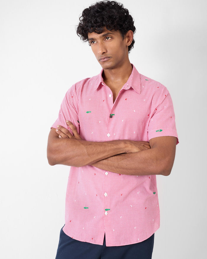 Half Sleeve Shirt - White & Watermelon Checks