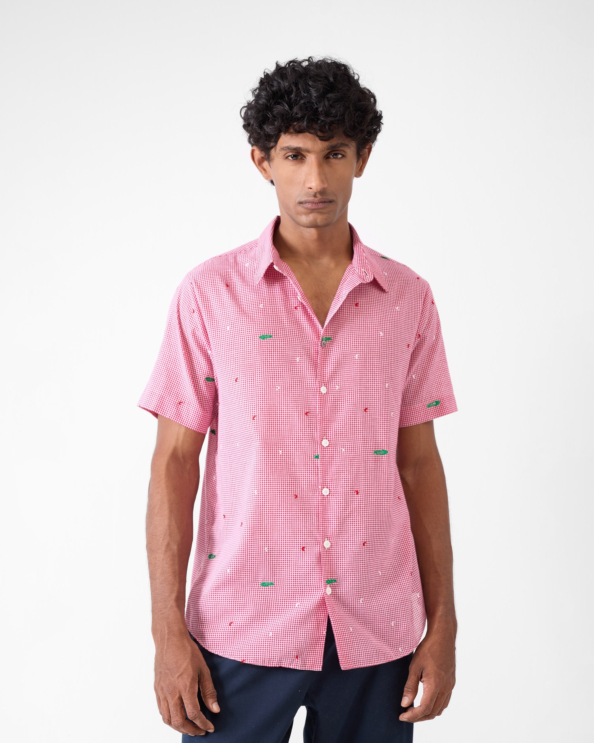 Half Sleeve Shirt - White & Watermelon Checks