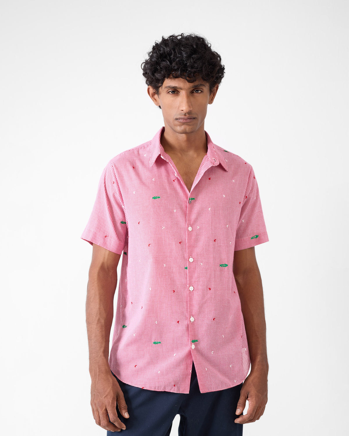 Half Sleeve Shirt - White & Watermelon Checks
