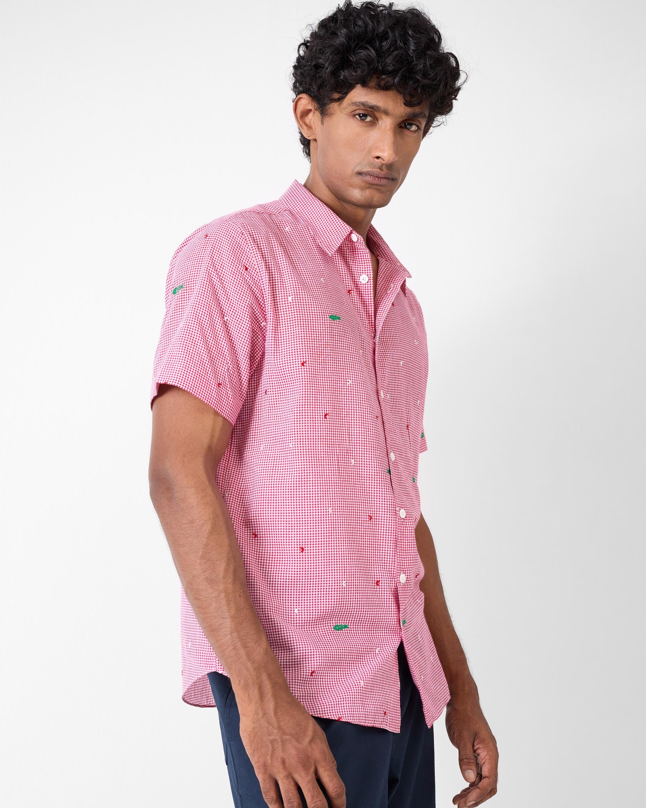 Half Sleeve Shirt - White & Watermelon Checks