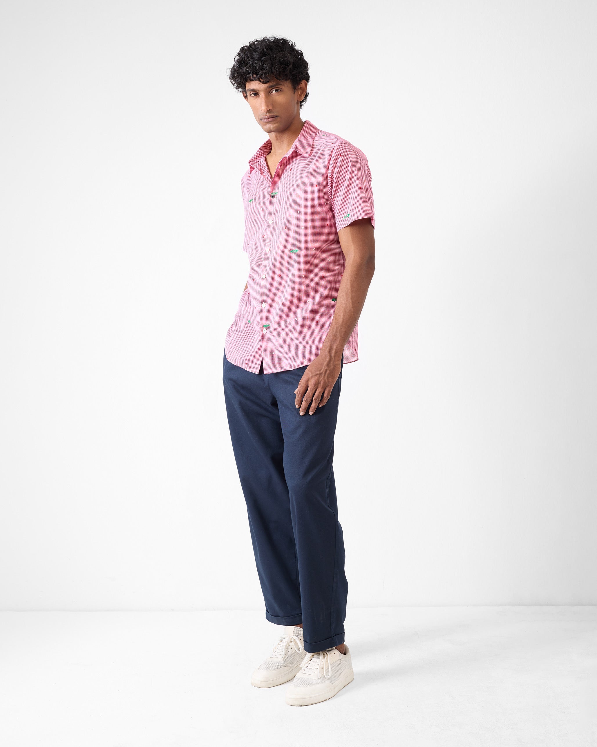 Half Sleeve Shirt - White & Watermelon Checks