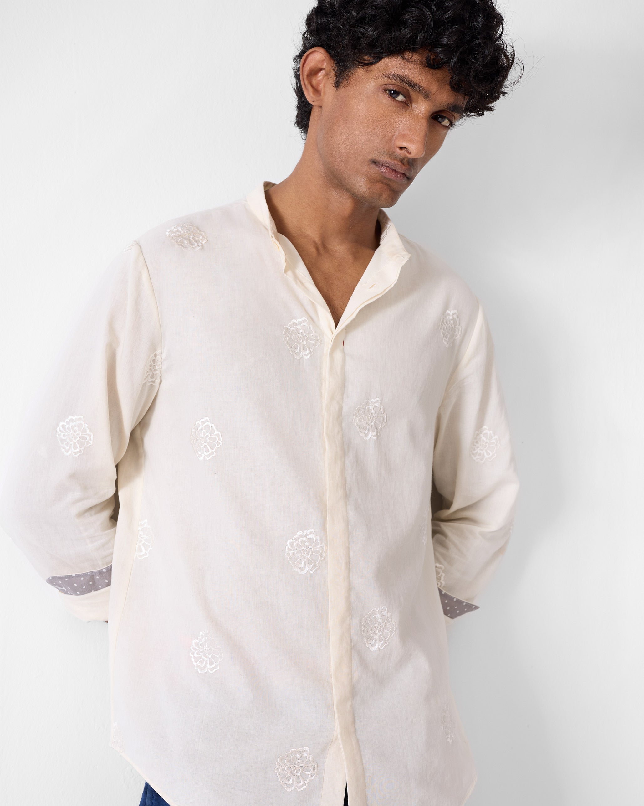 Band Collar Shirt - Ivory Embroidered