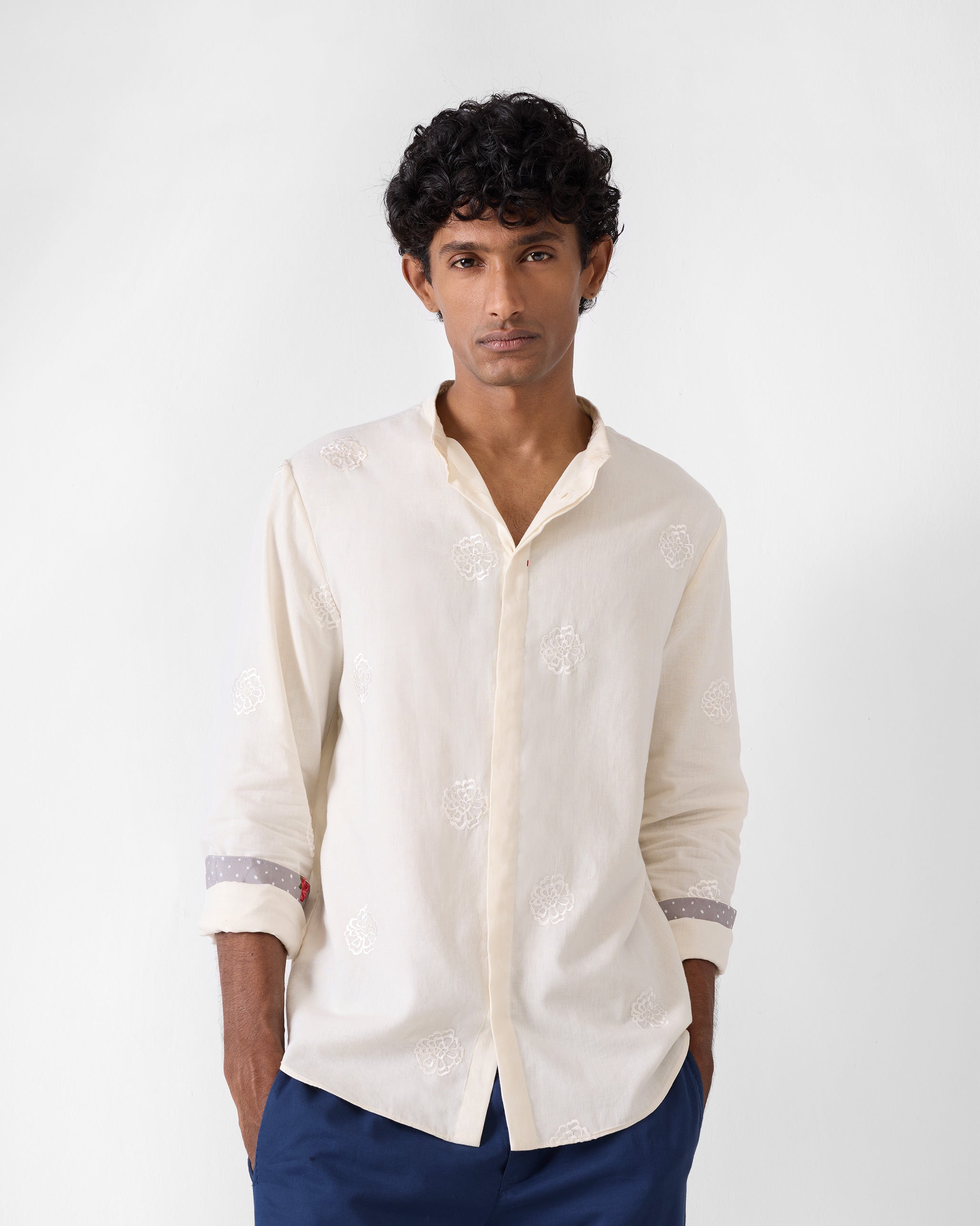 Band Collar Shirt - Ivory Embroidered