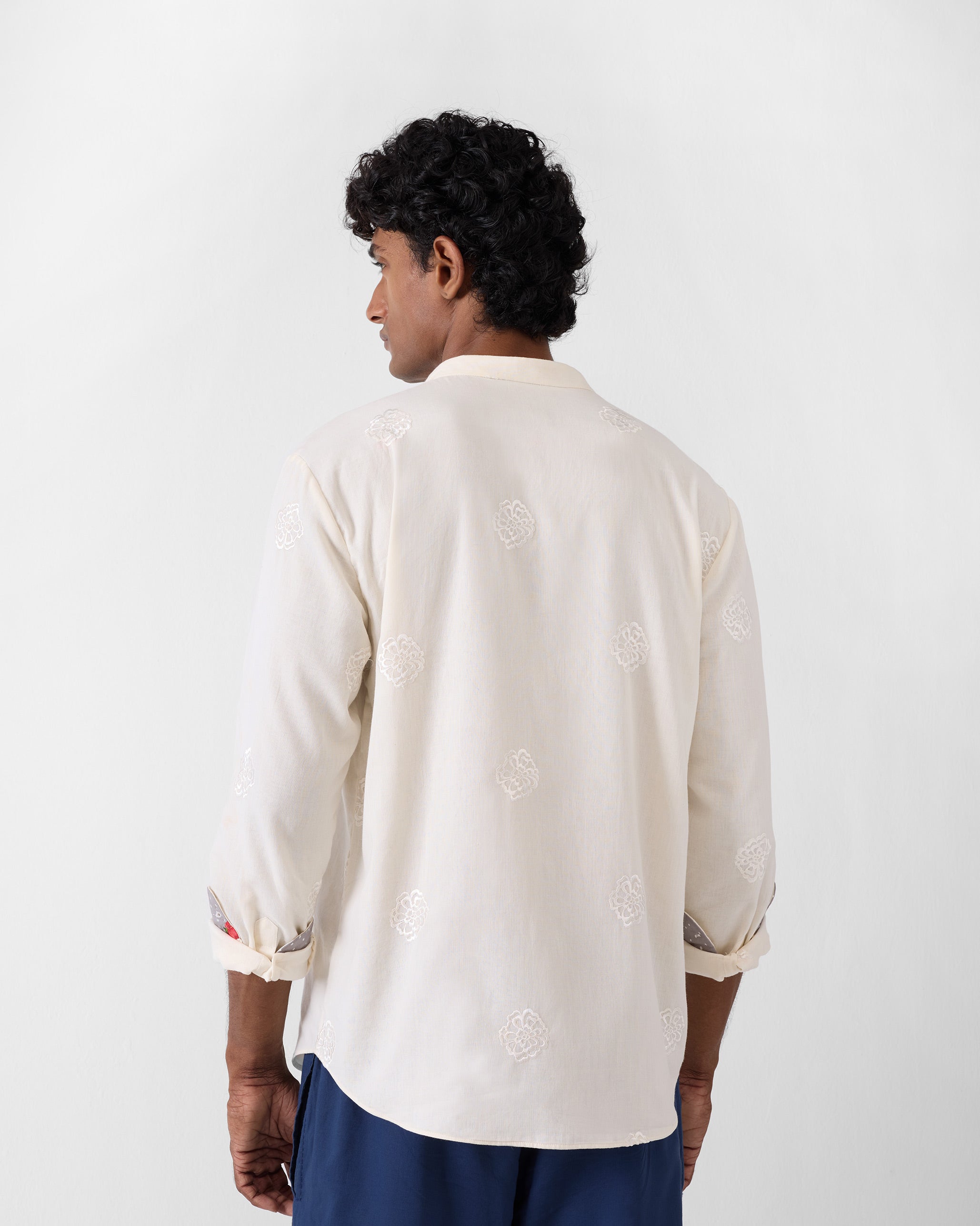 Band Collar Shirt - Ivory Embroidered