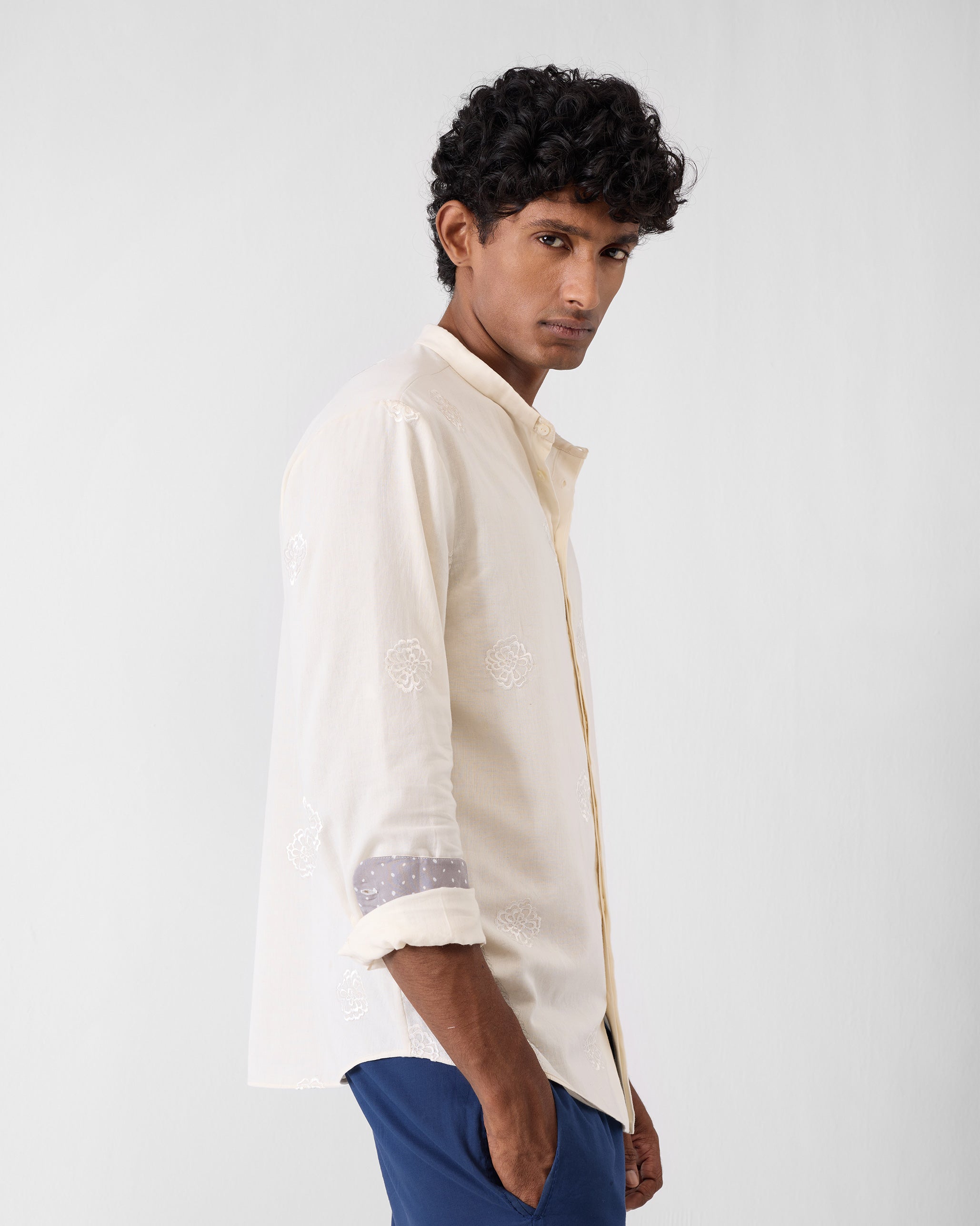 Band Collar Shirt - Ivory Embroidered