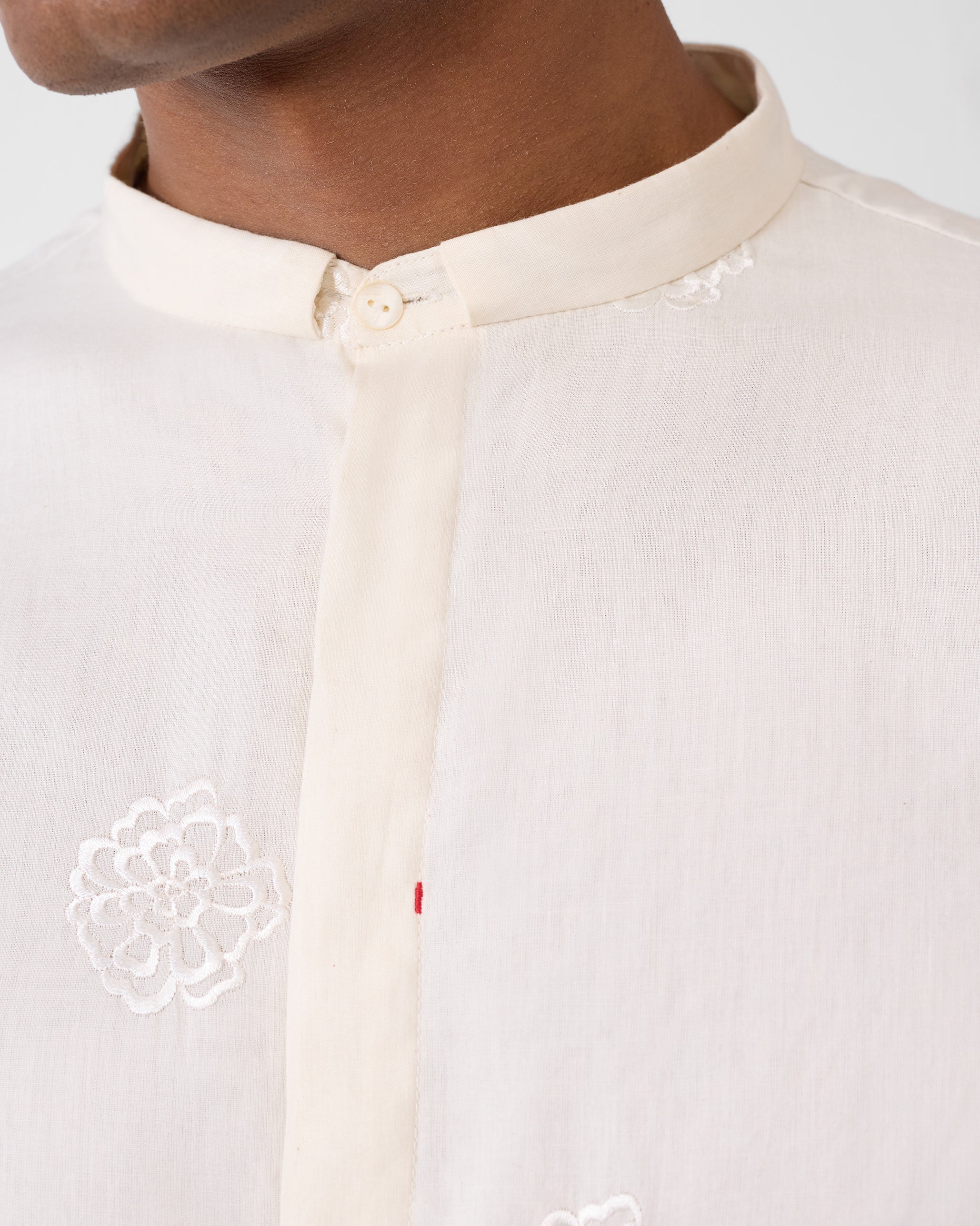 Band Collar Shirt - Ivory Embroidered