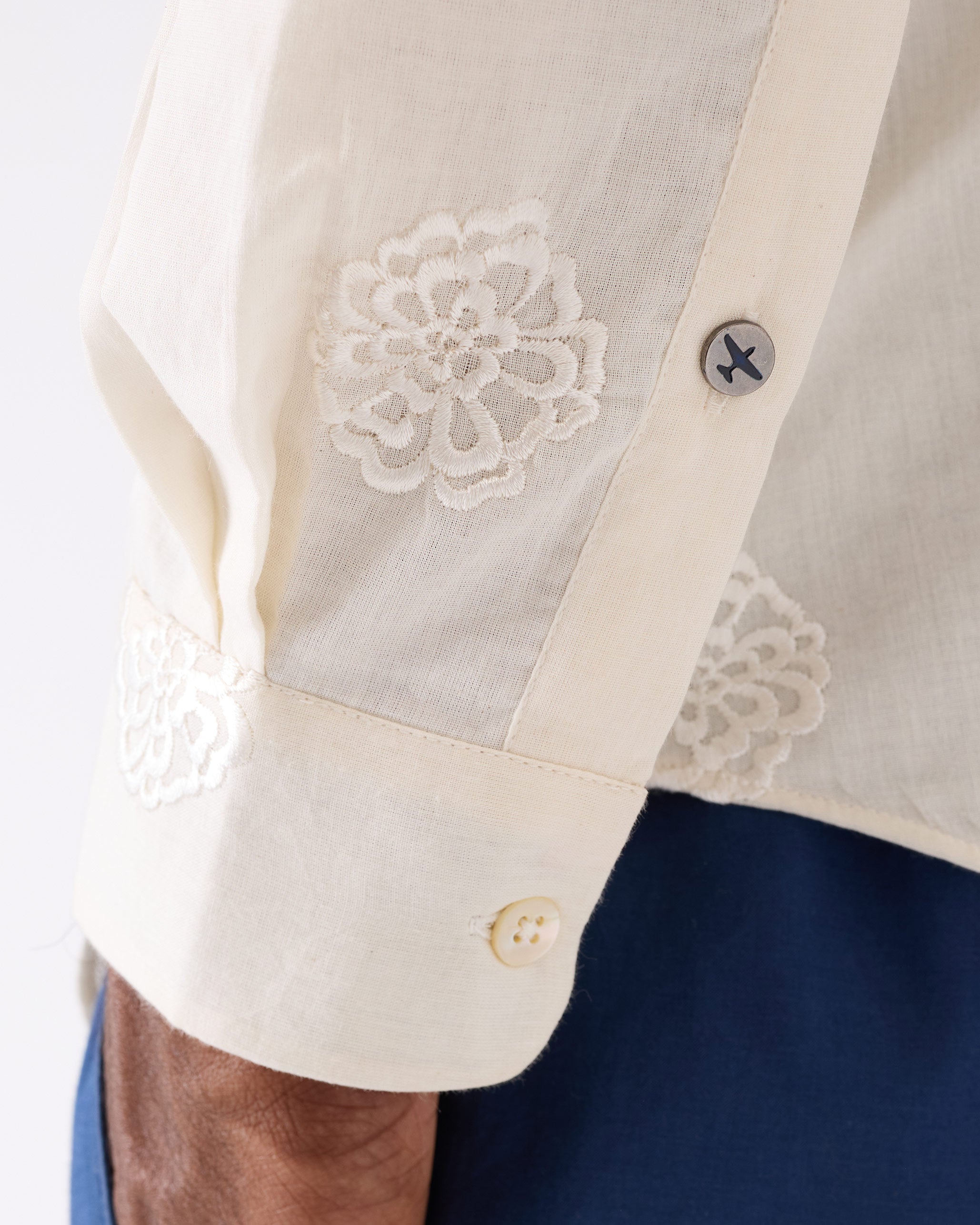 Band Collar Shirt - Ivory Embroidered
