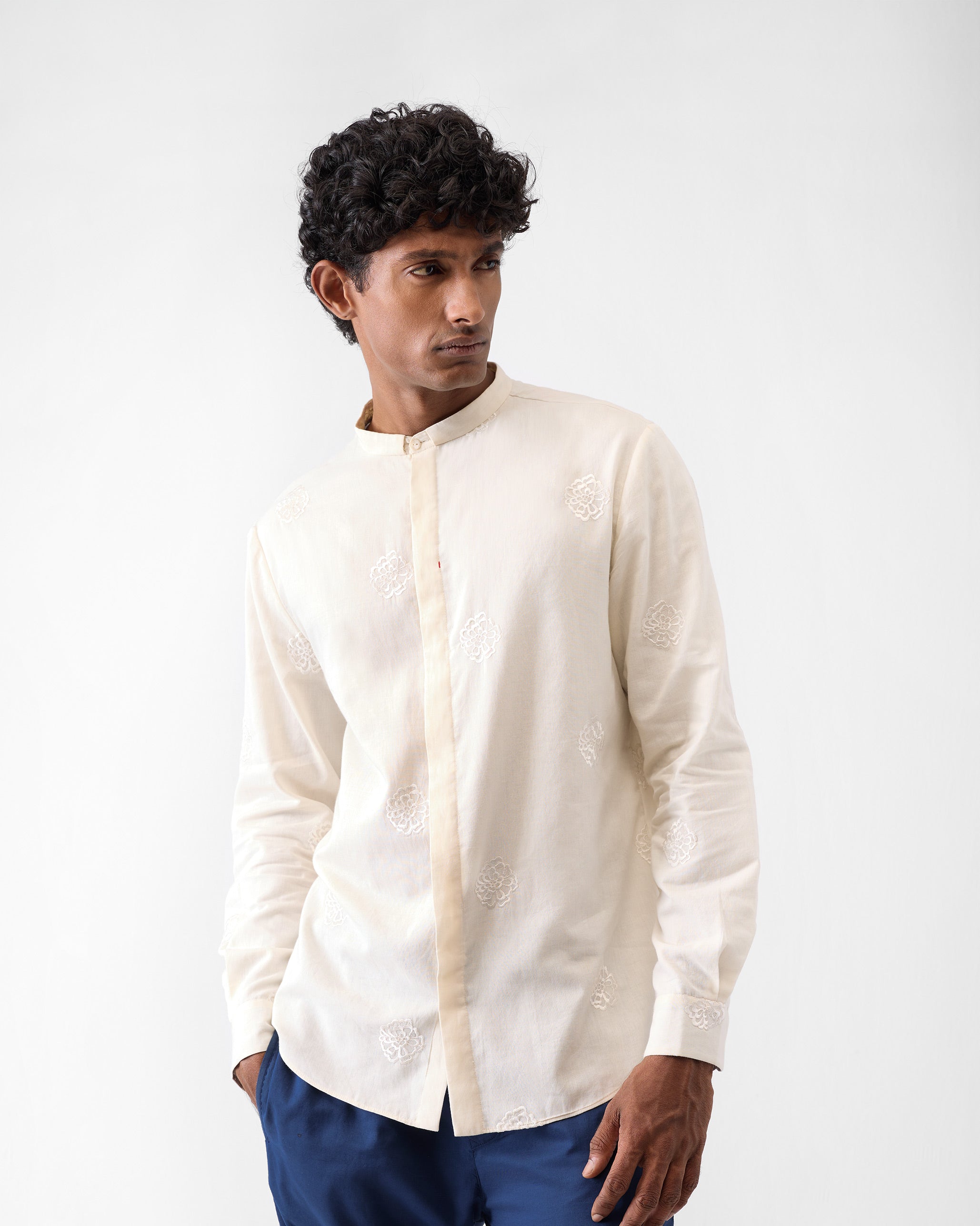 Band Collar Shirt - Ivory Embroidered