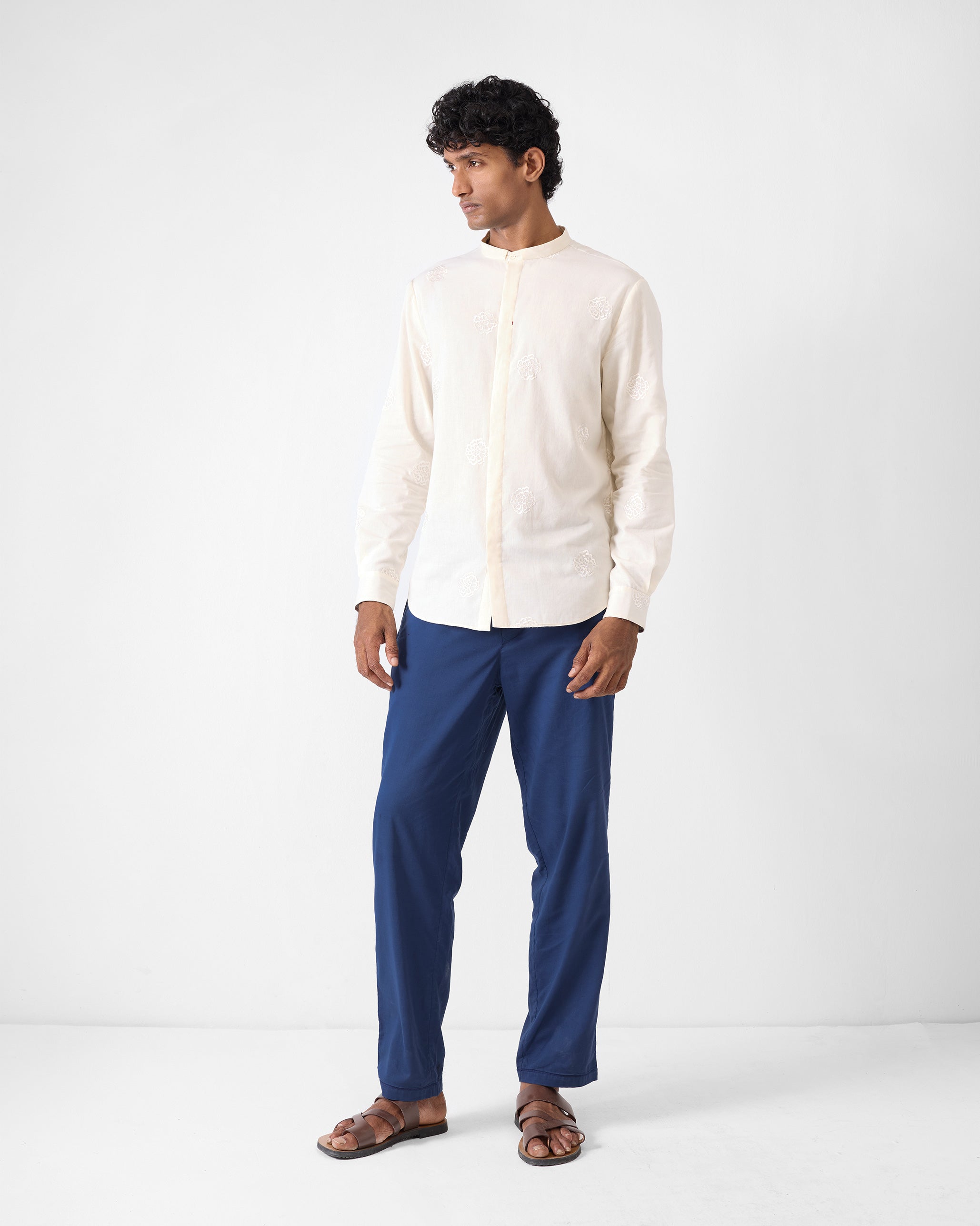 Band Collar Shirt - Ivory Embroidered