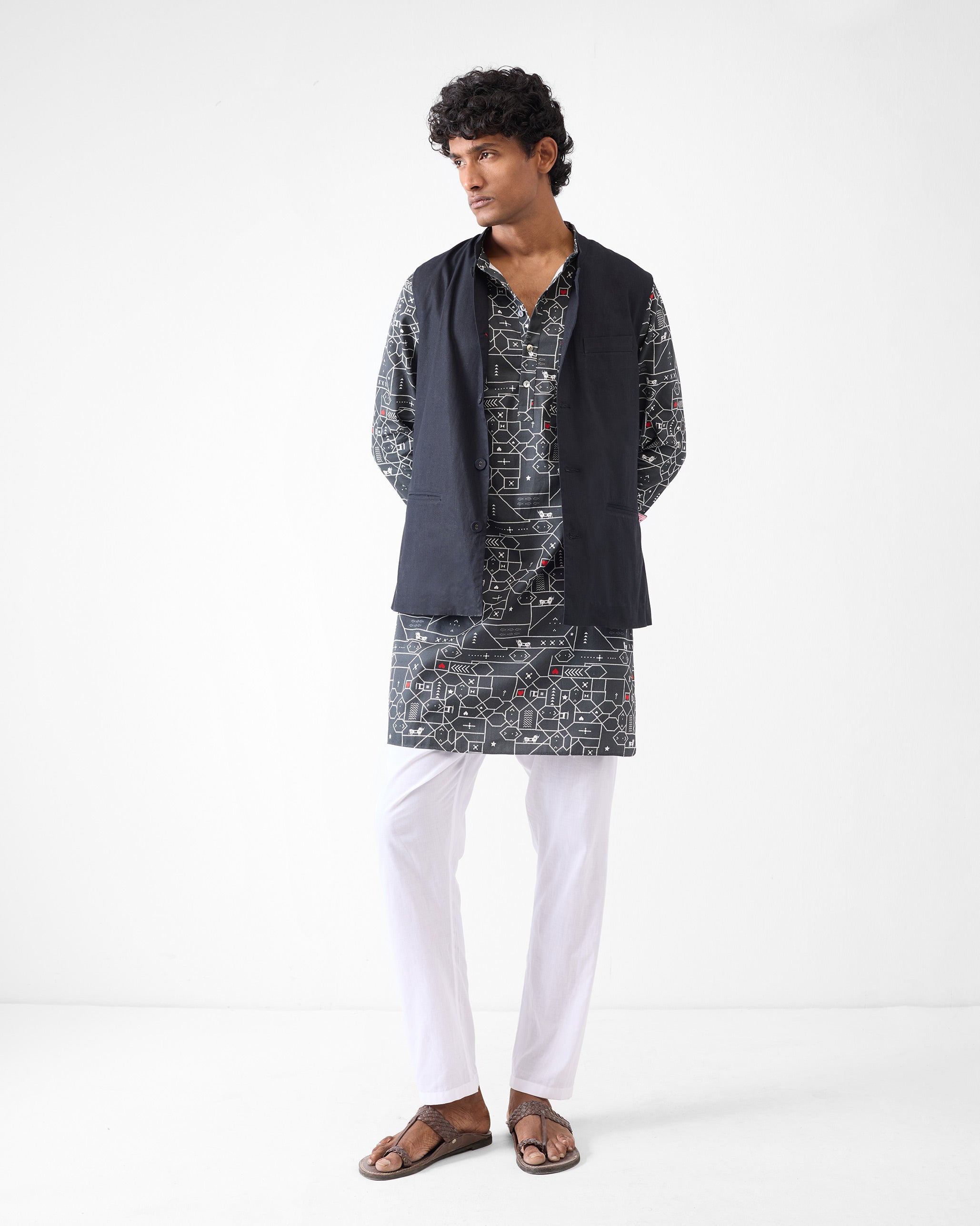 Galle Kurta - Black & Grey Print