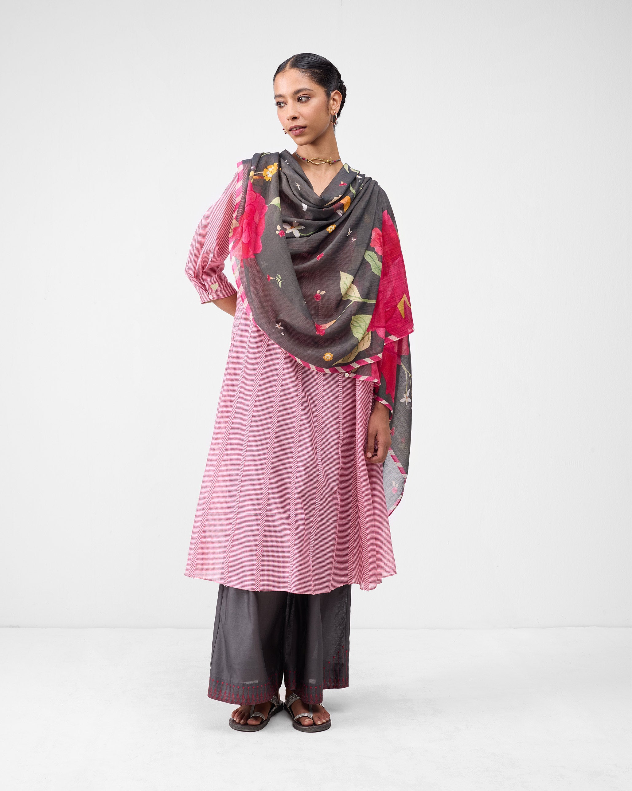 Kaveri Dupatta - Charcoal & Watermelon Print