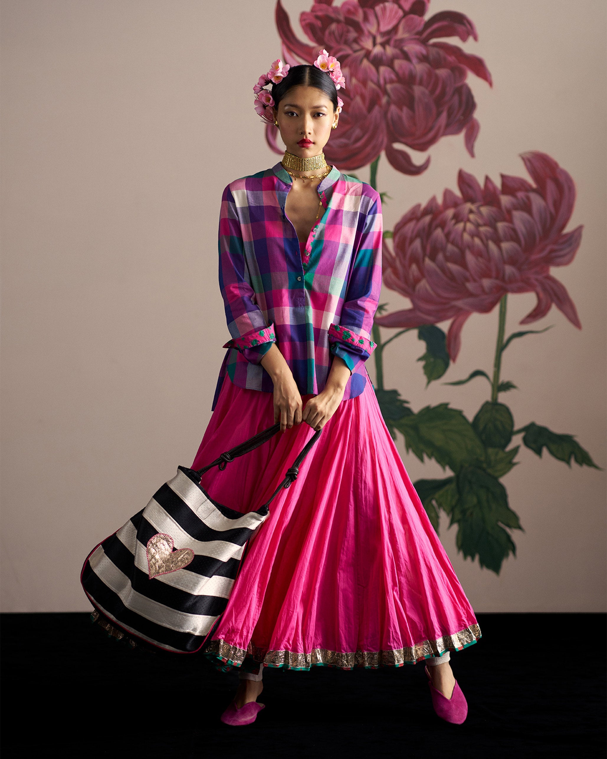 Mandarin Collar Top - Multicolour Checks