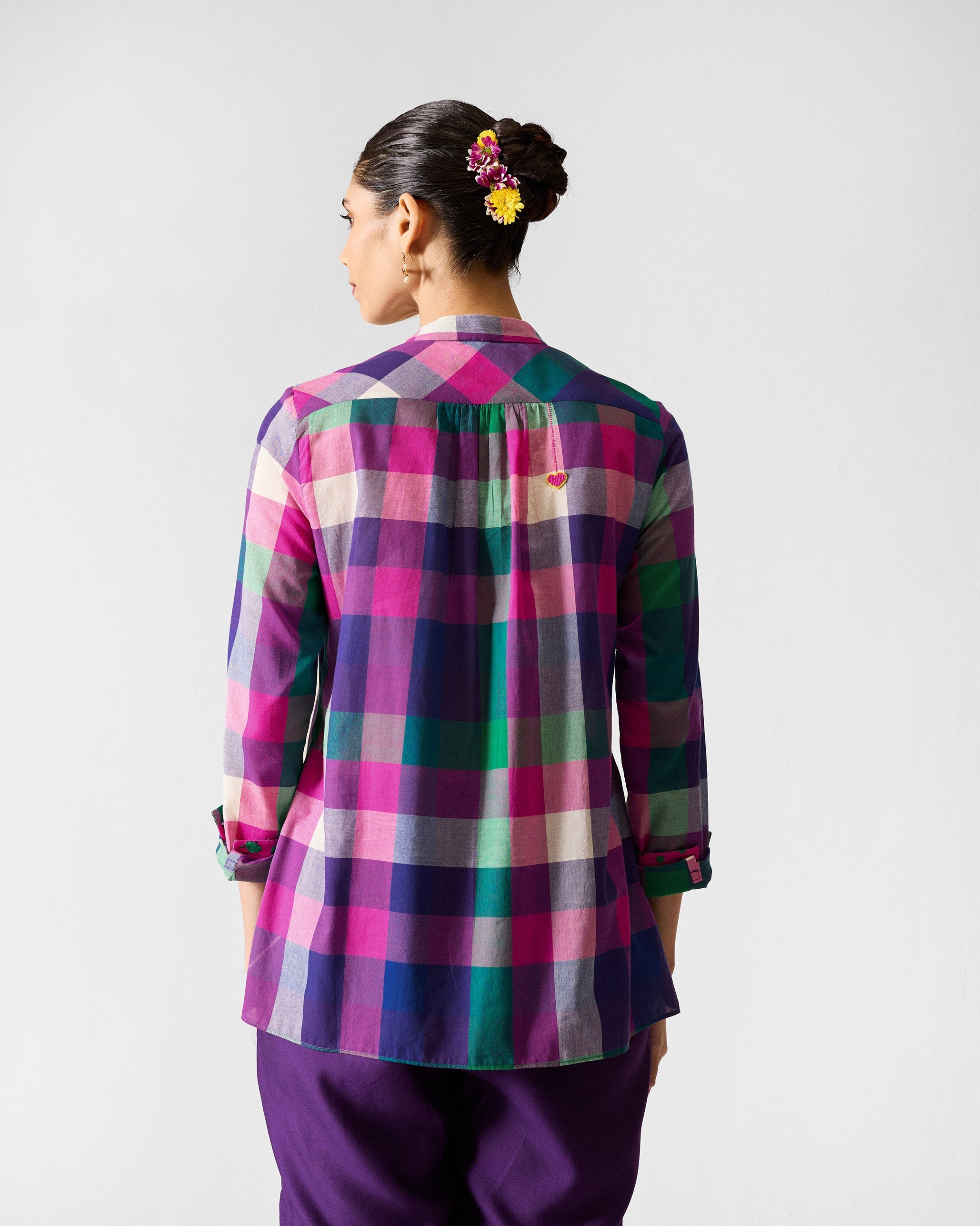 Mandarin Collar Top - Multicolour Checks