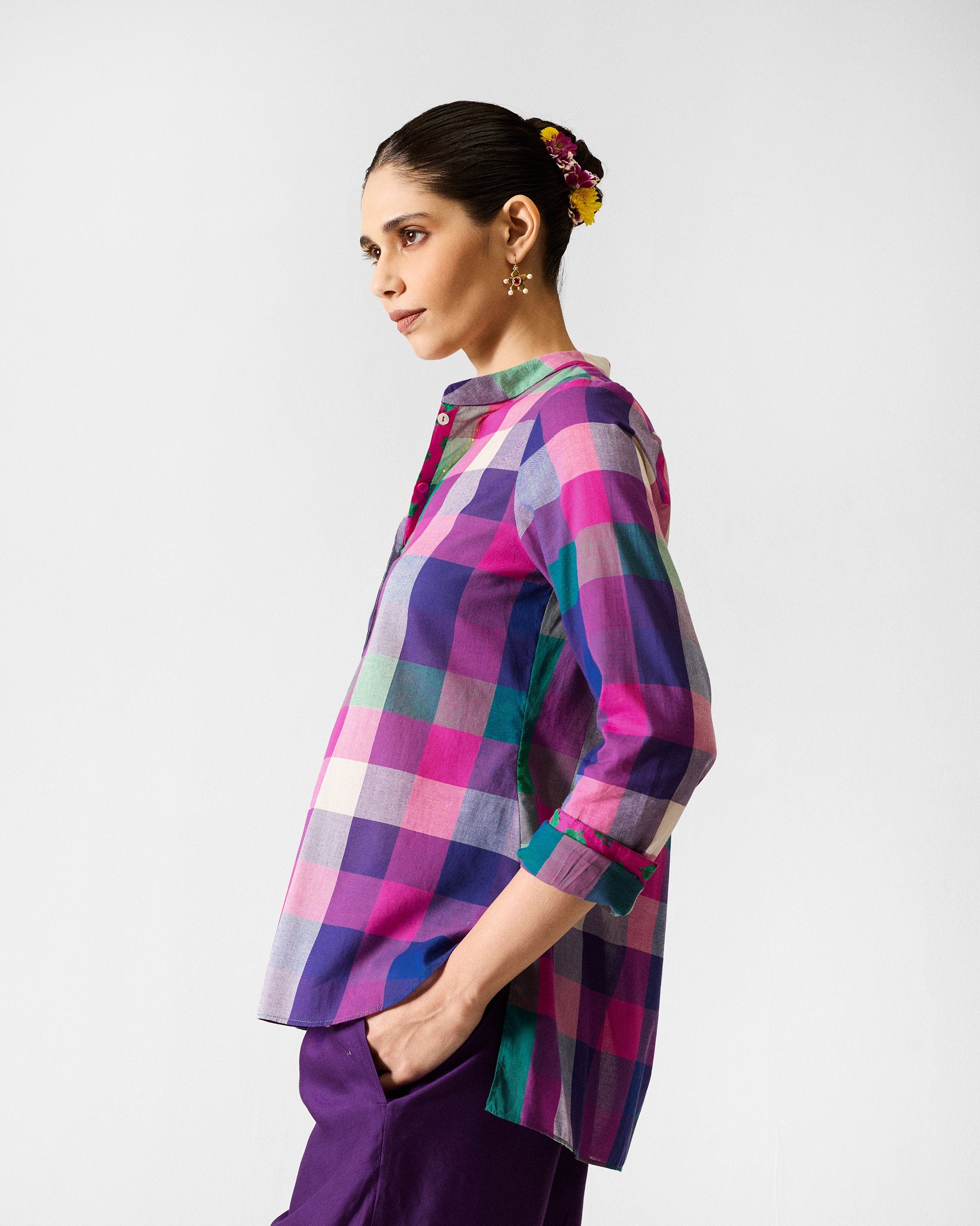 Mandarin Collar Top - Multicolour Checks