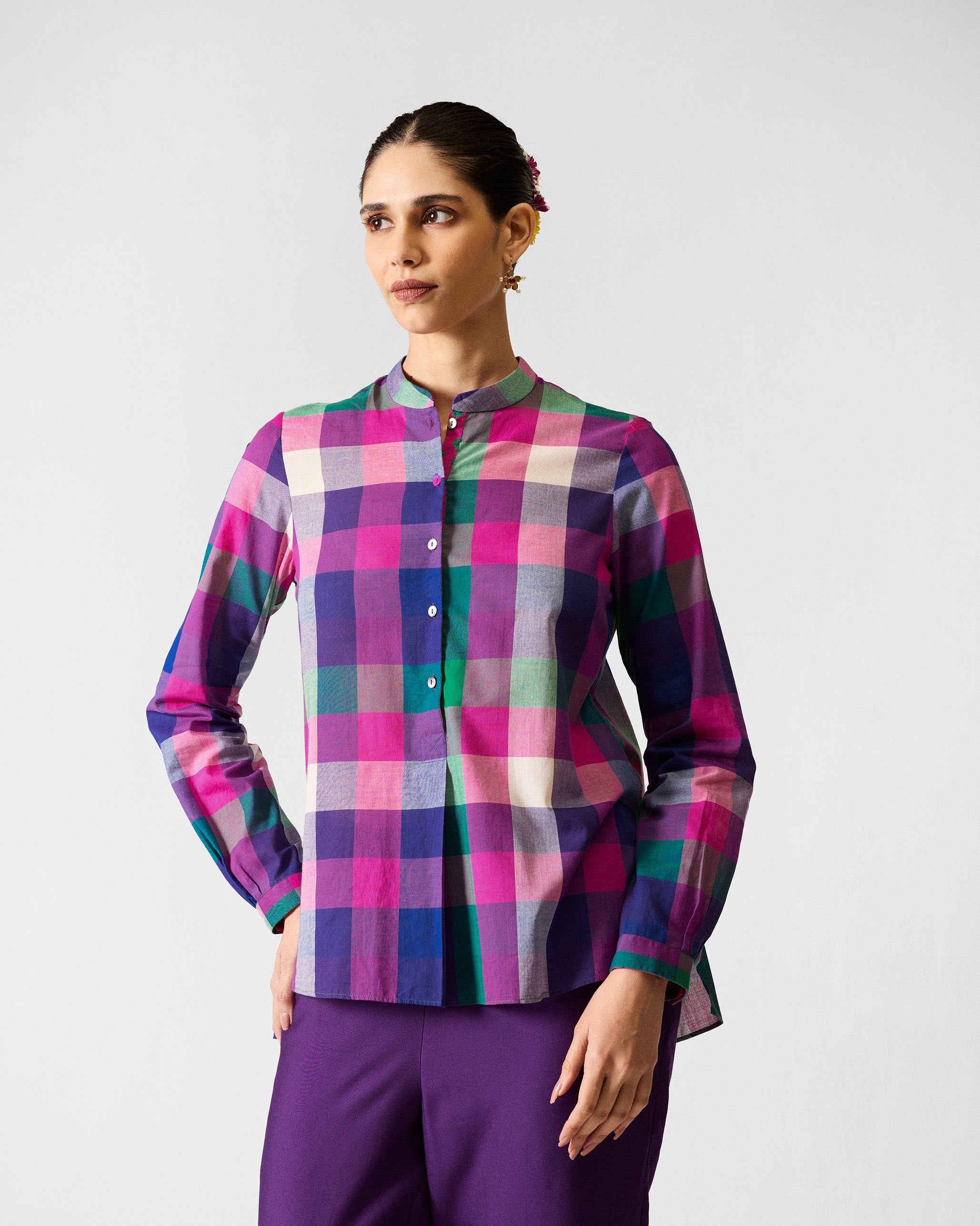 Mandarin Collar Top - Multicolour Checks