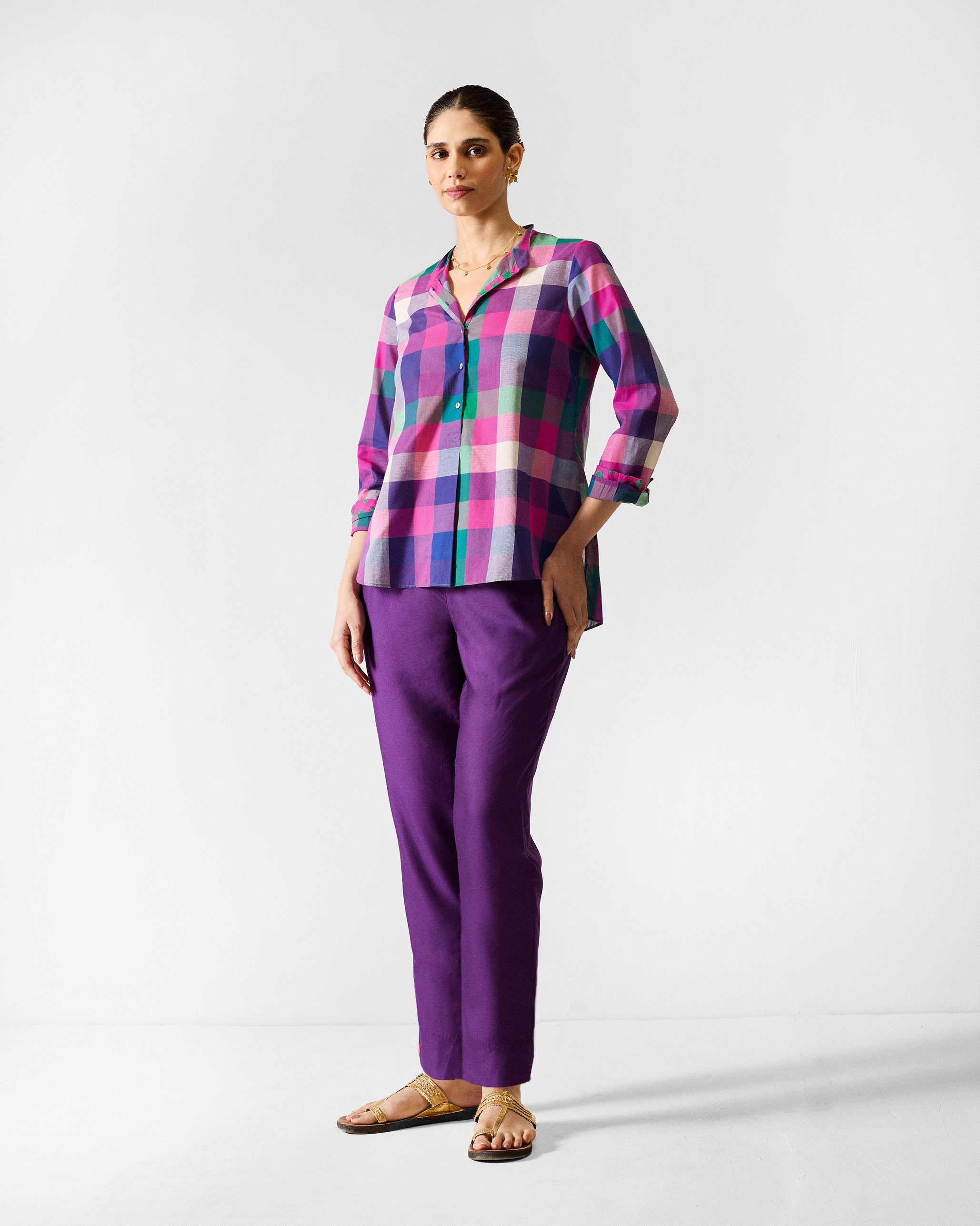 Mandarin Collar Top - Multicolour Checks
