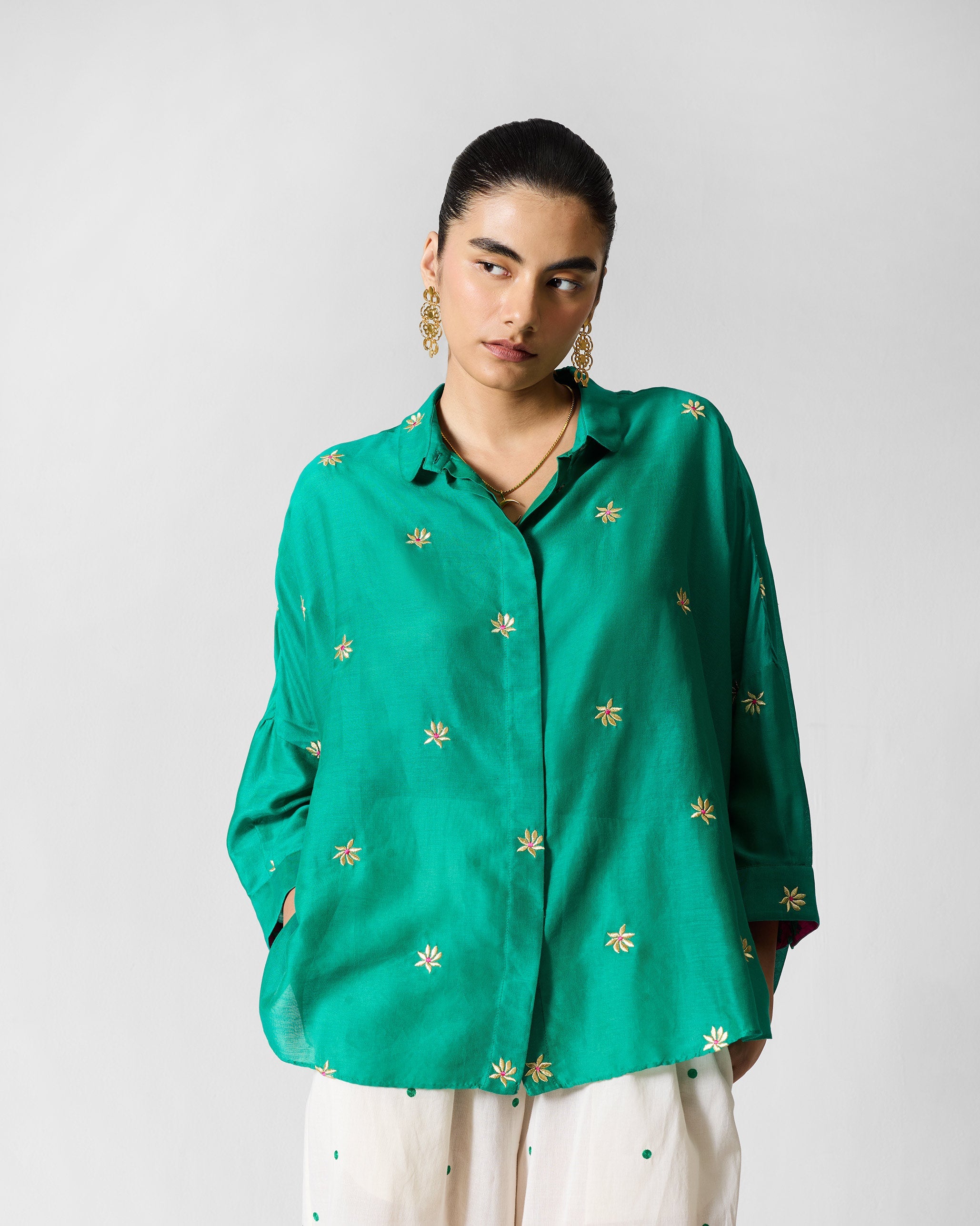 Boxy Shirt - Green & Gold Embroidered