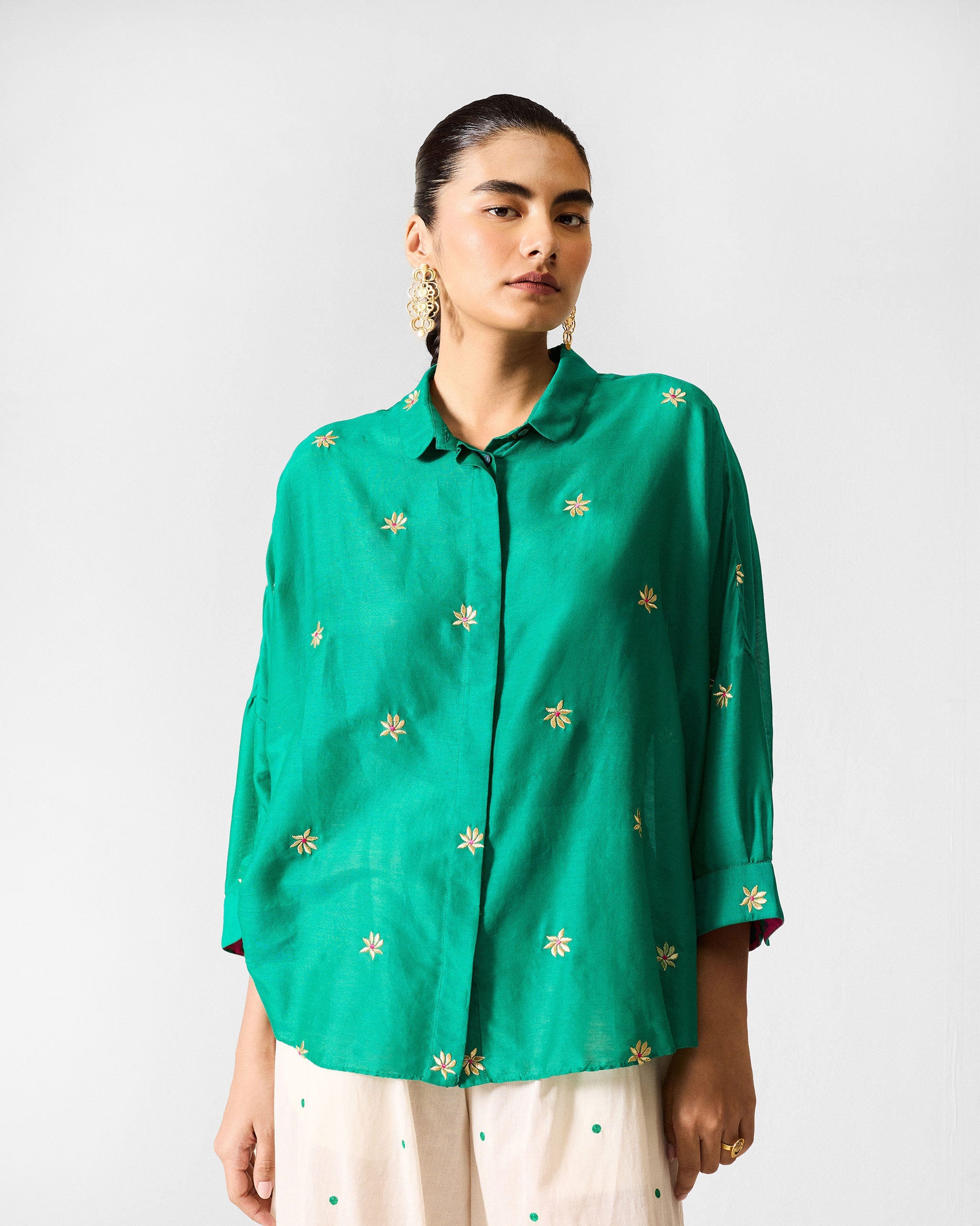 Boxy Shirt - Green & Gold Embroidered