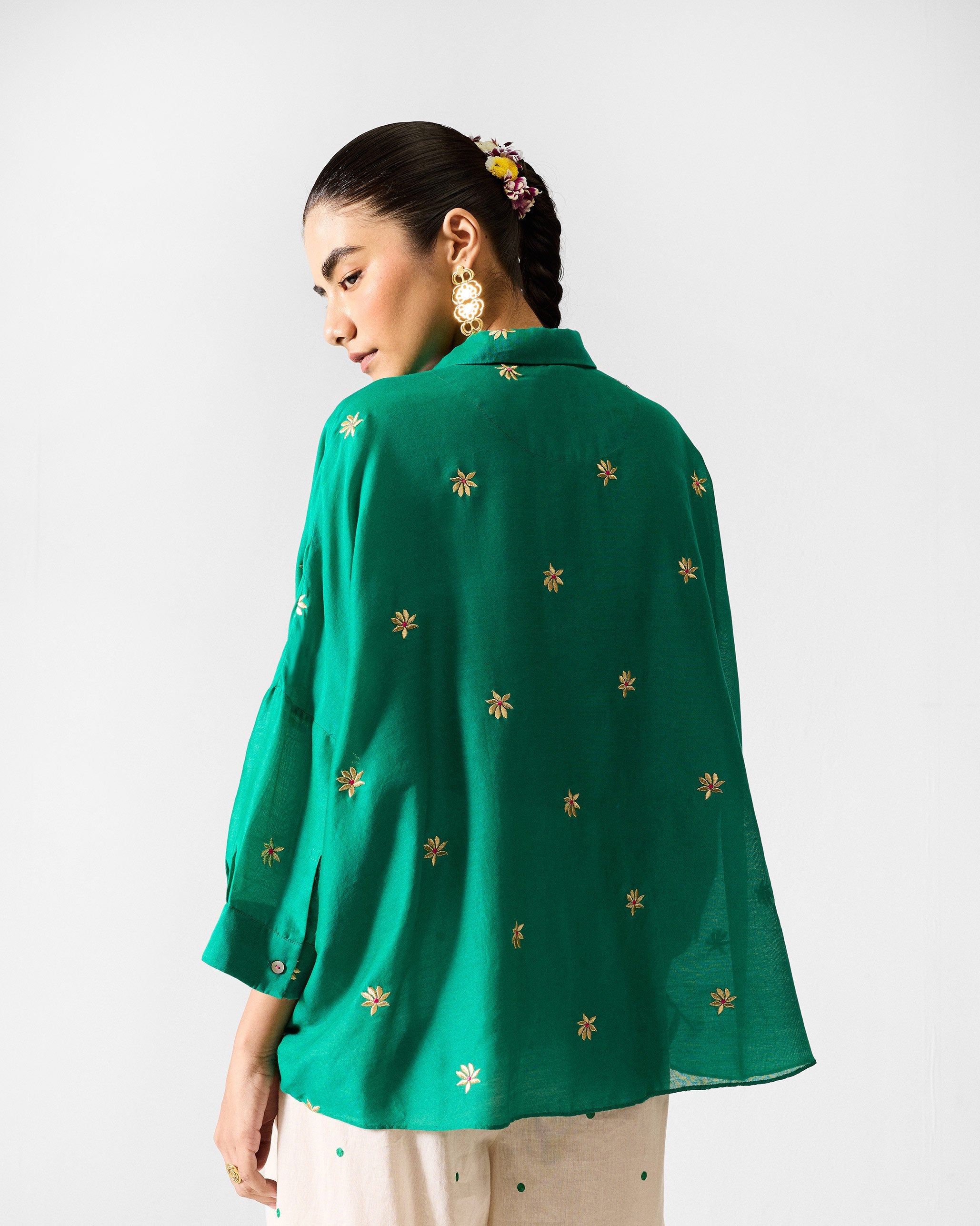 Boxy Shirt - Green & Gold Embroidered