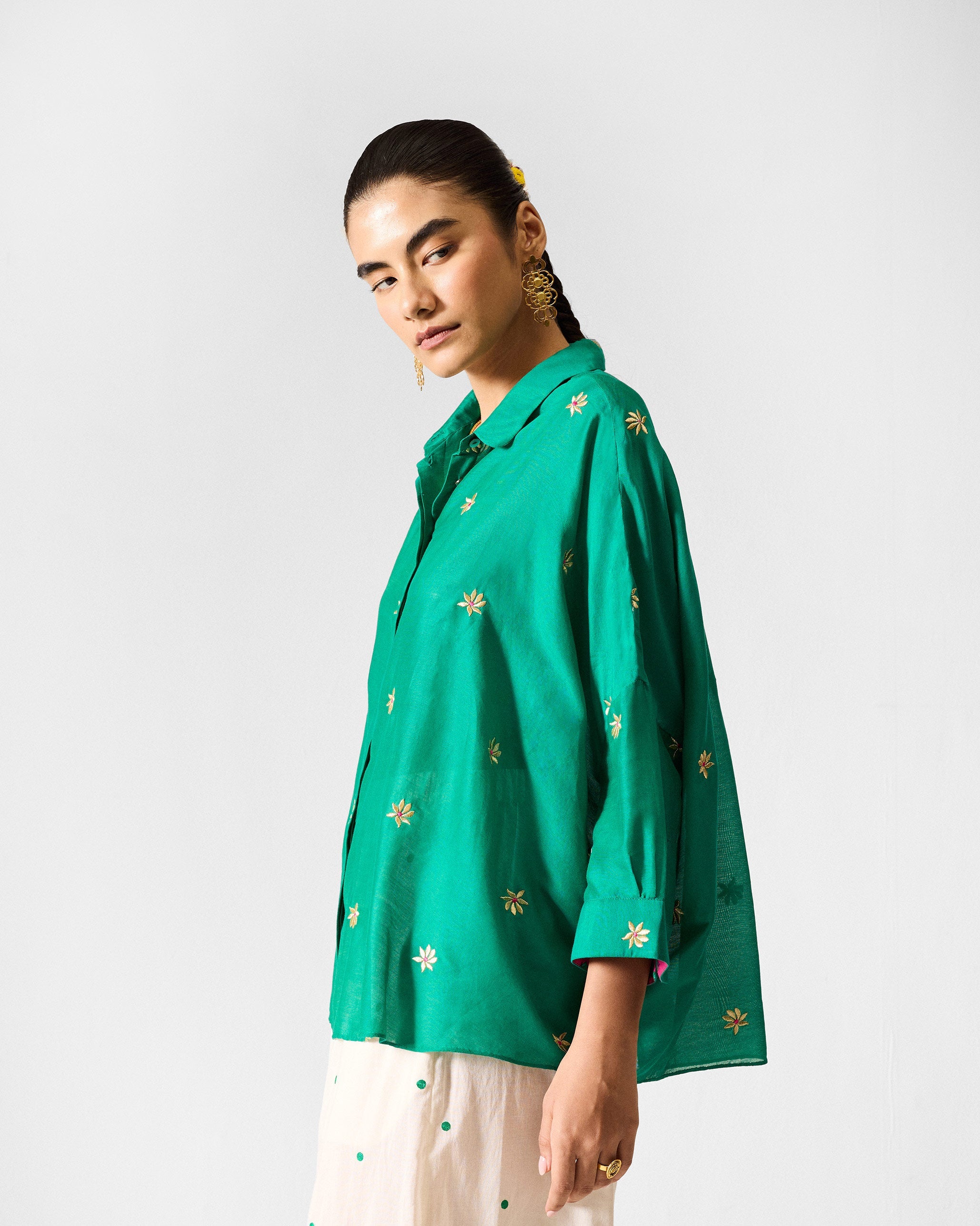 Boxy Shirt - Green & Gold Embroidered