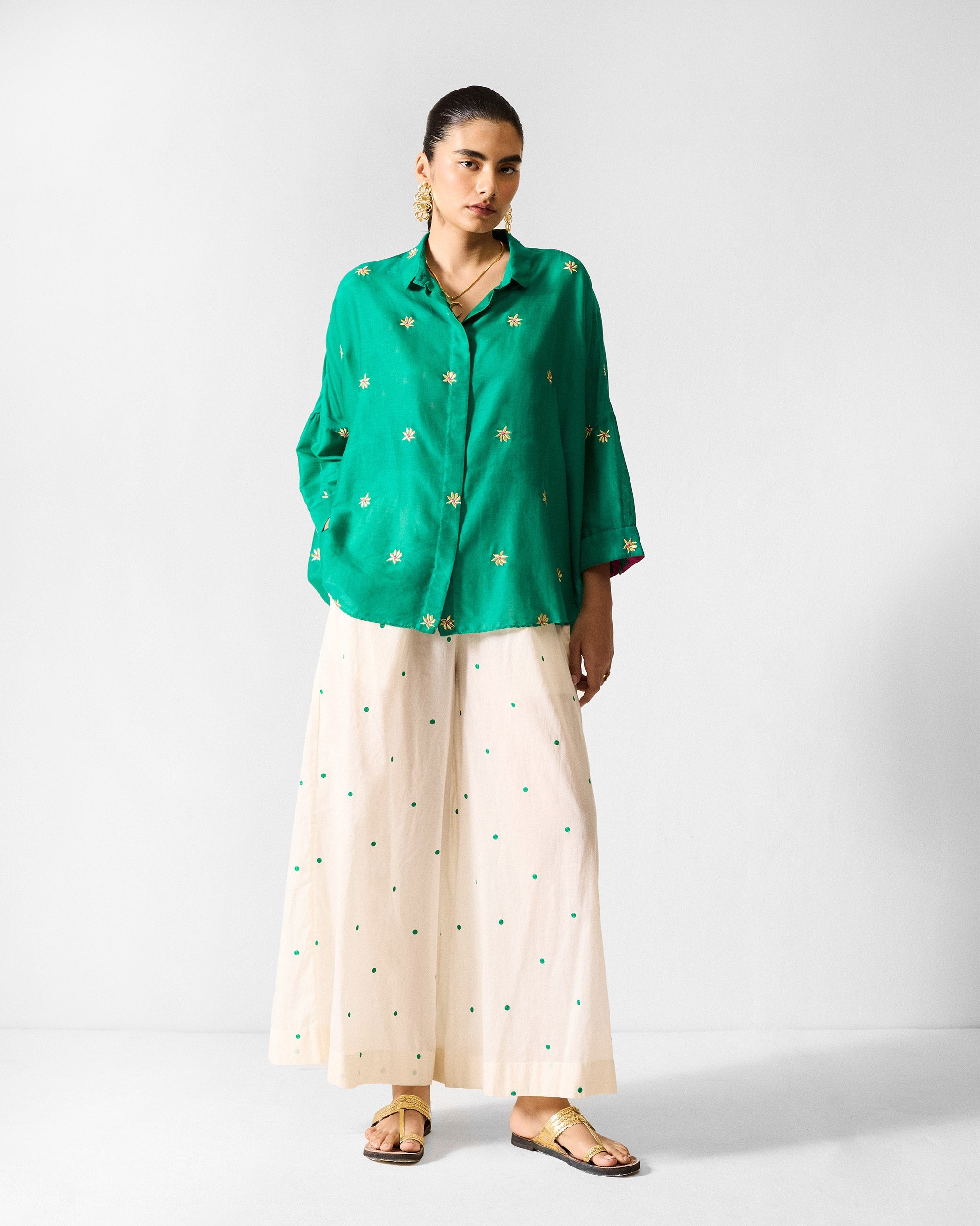 Boxy Shirt - Green & Gold Embroidered