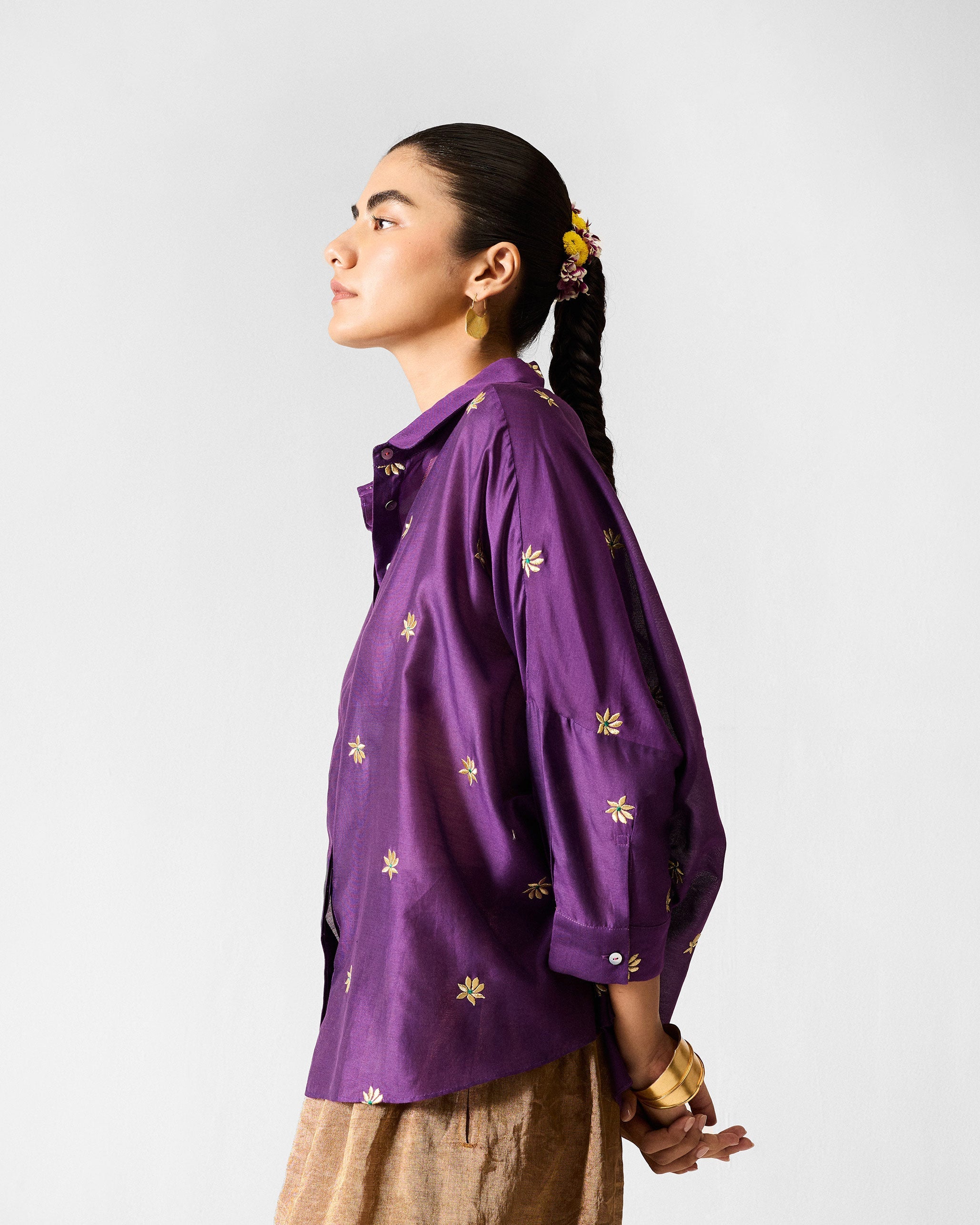 Boxy Shirt - Purple & Gold Embroidered