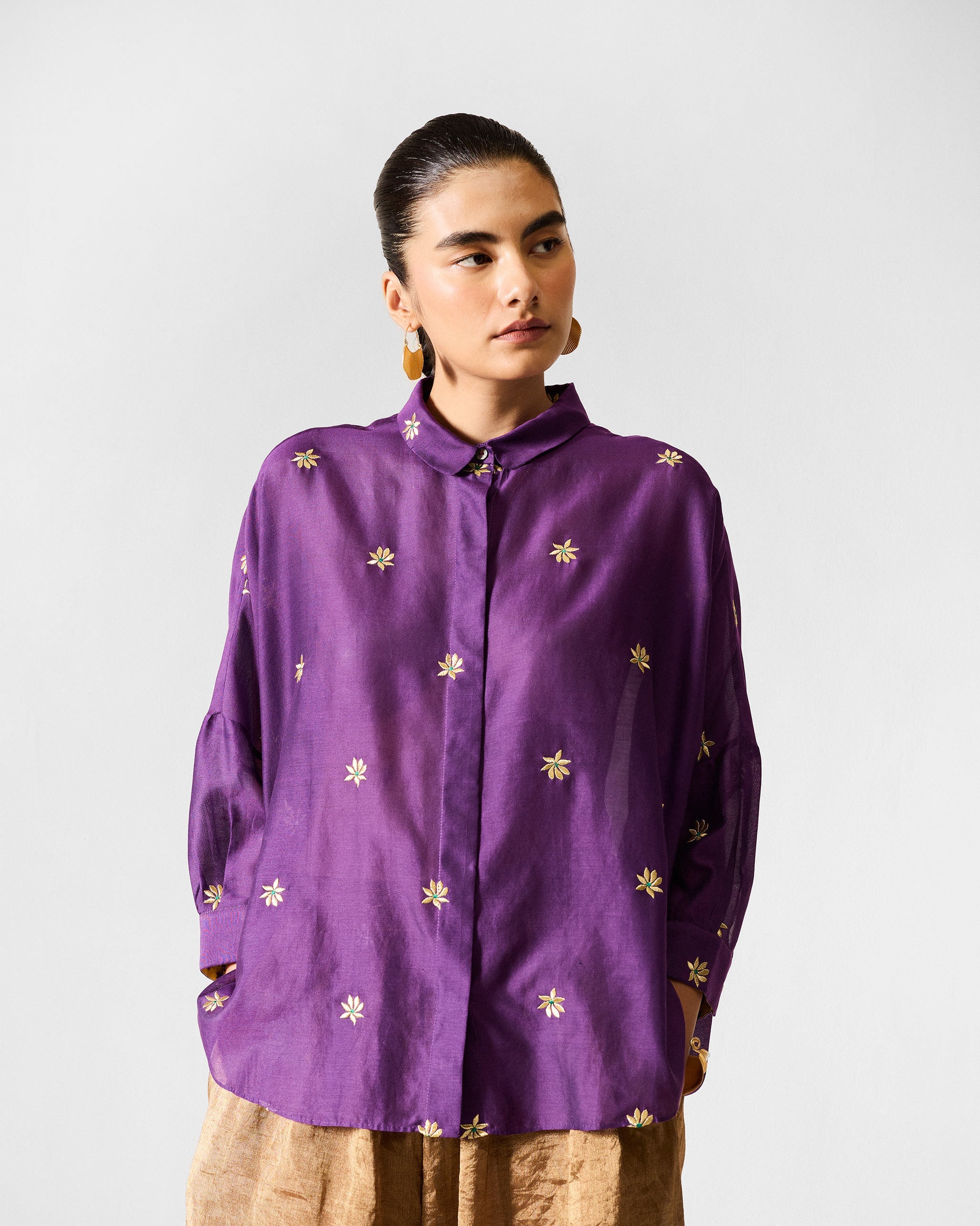 Boxy Shirt - Purple & Gold Embroidered