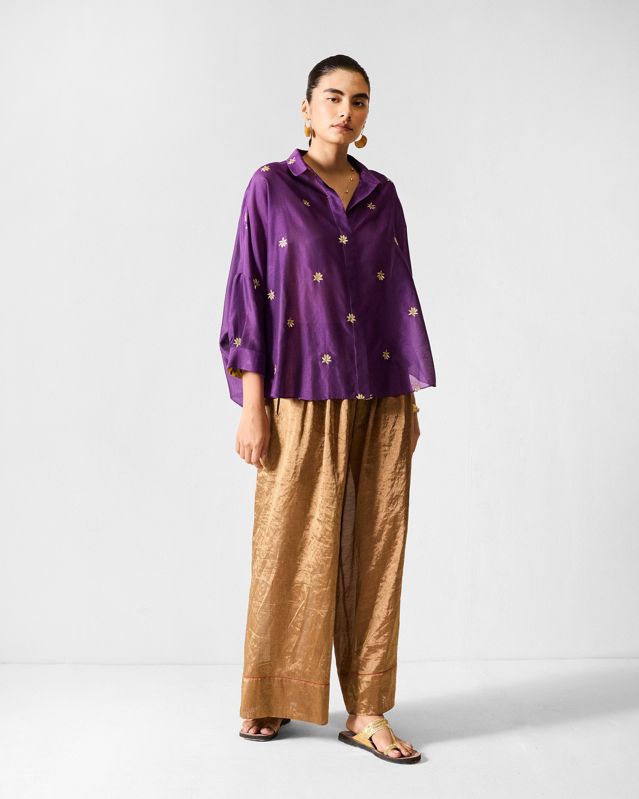 Boxy Shirt - Purple & Gold Embroidered