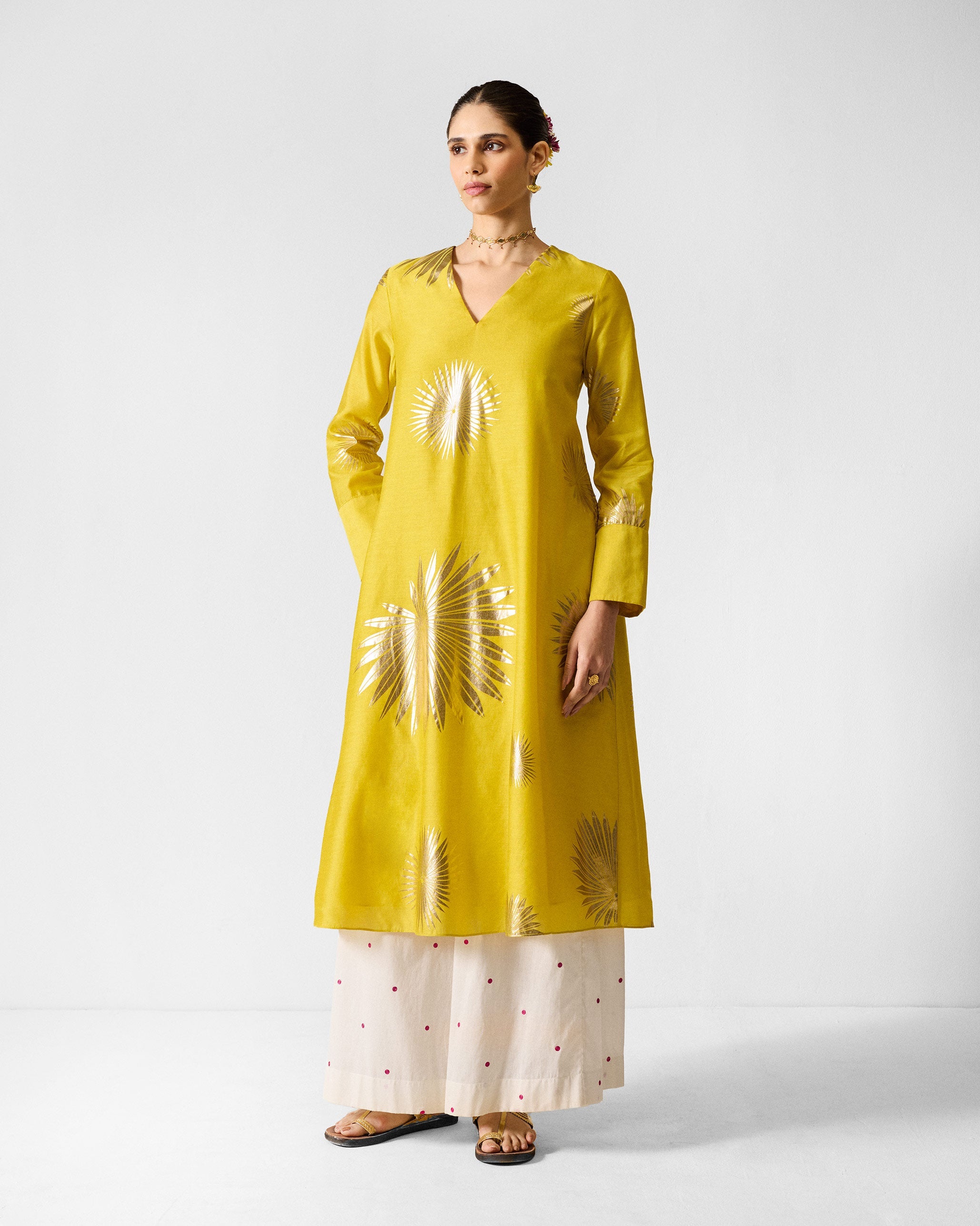 V-Neck Flared Kurta - Chartreuse & Gold Printed