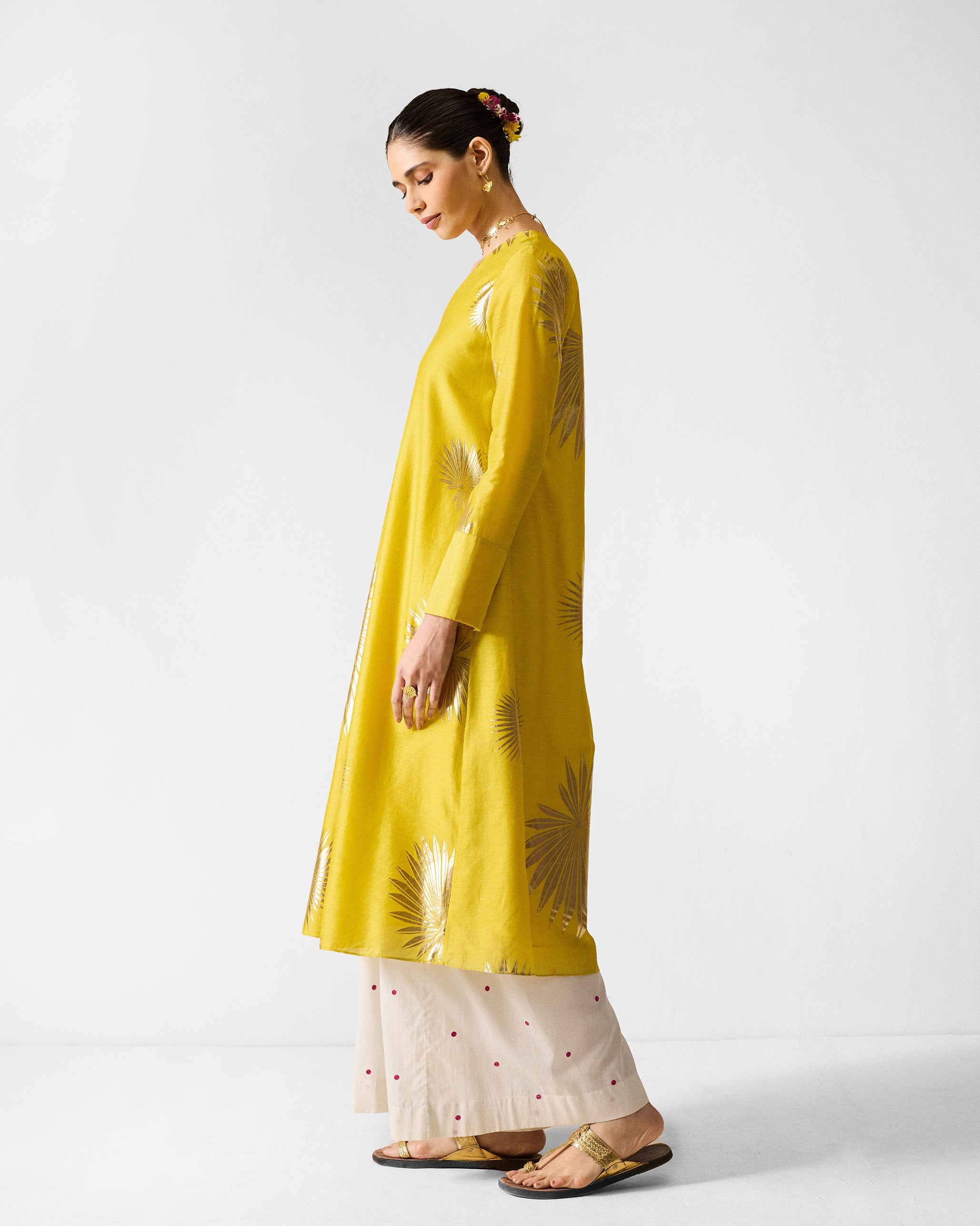 V-Neck Flared Kurta - Chartreuse & Gold Printed