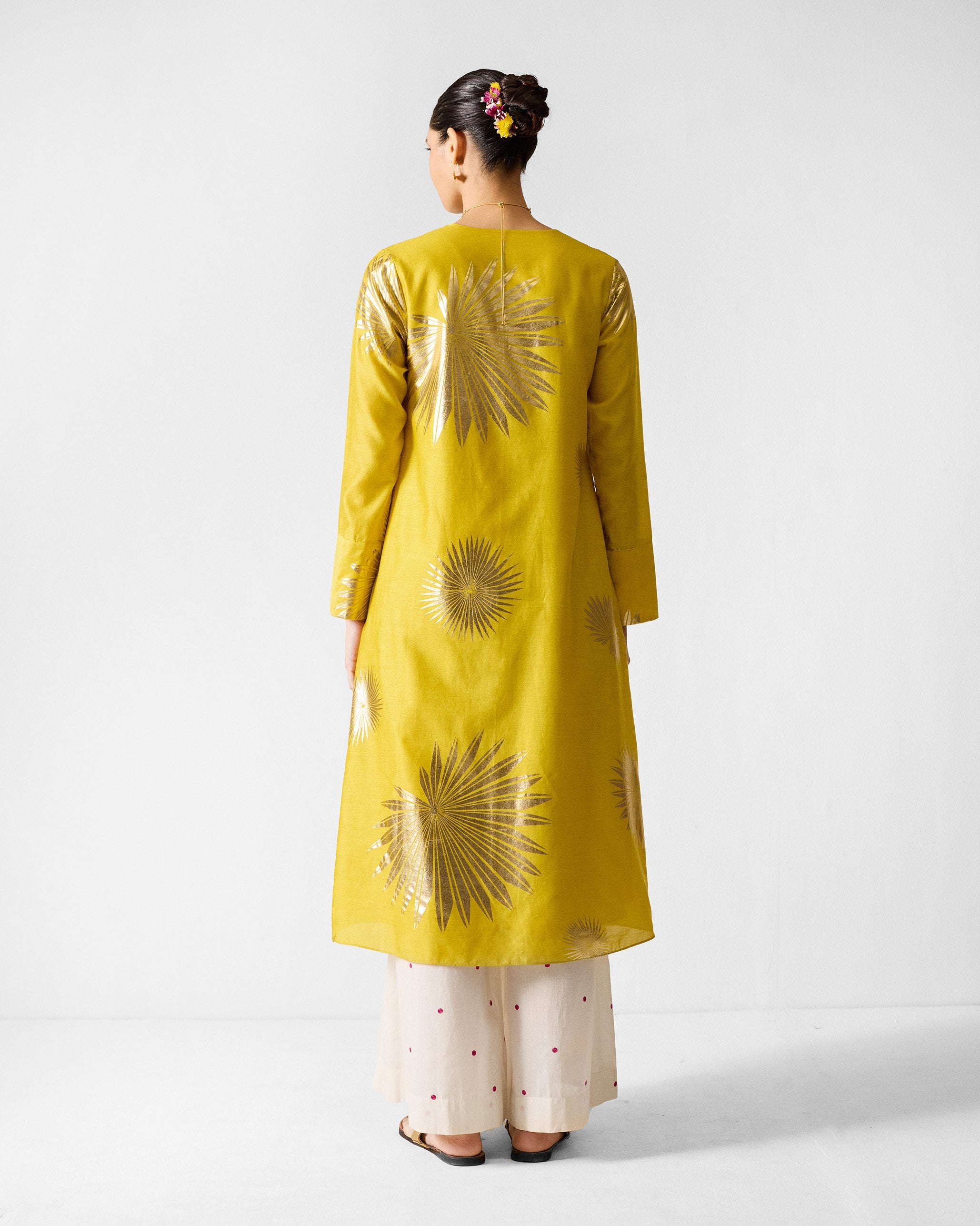 V-Neck Flared Kurta - Chartreuse & Gold Printed