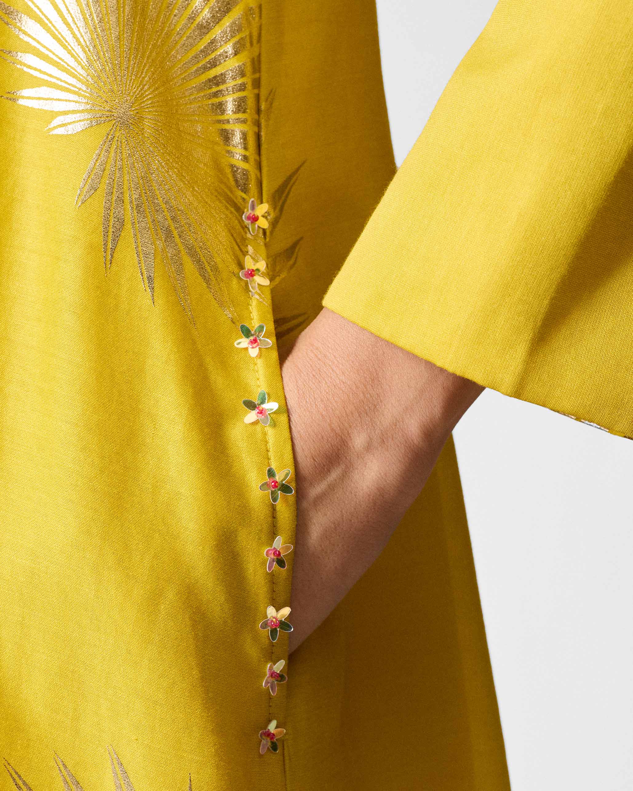 V-Neck Flared Kurta - Chartreuse & Gold Printed