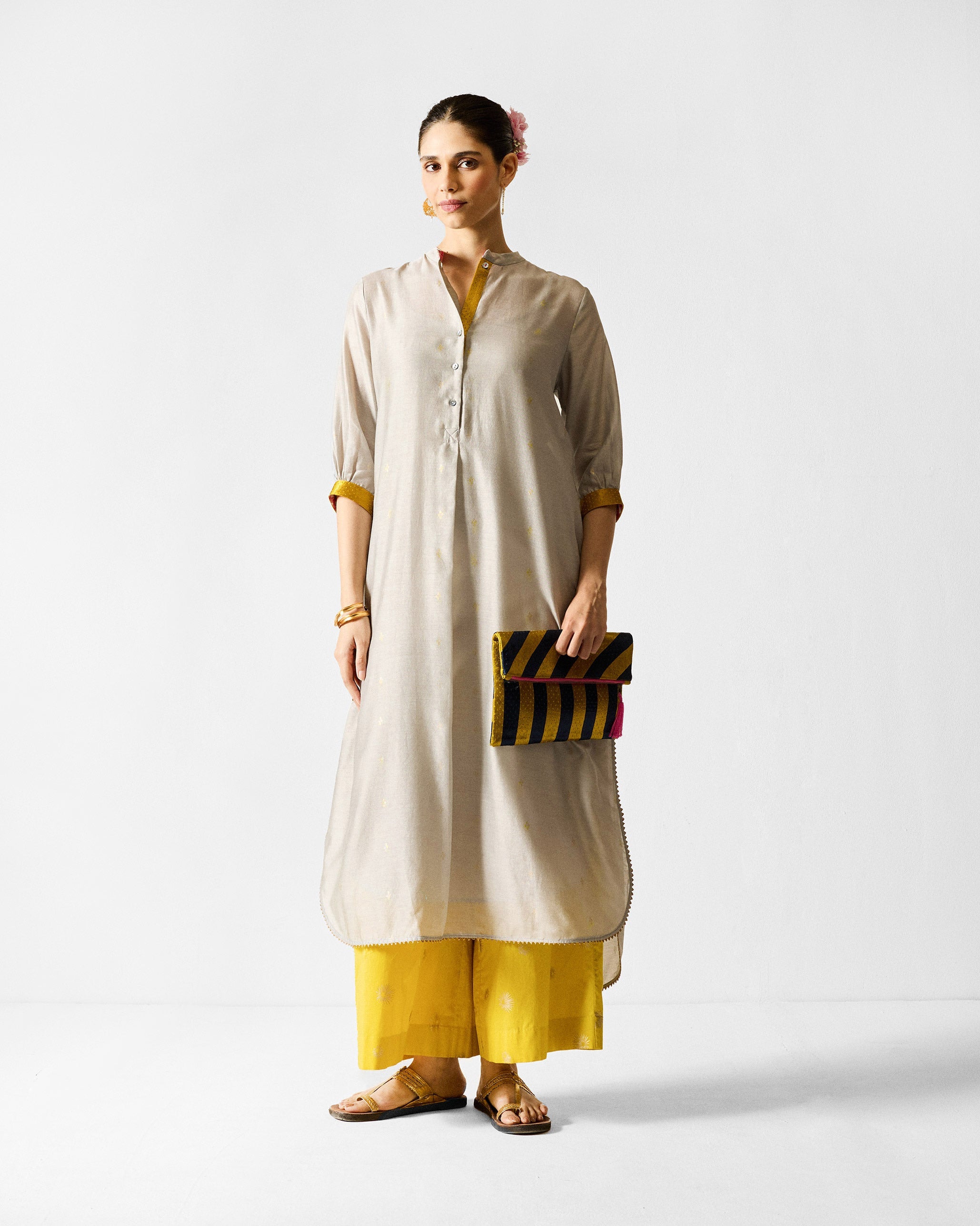 Kumaon Kurta - Grey & Gold Printed