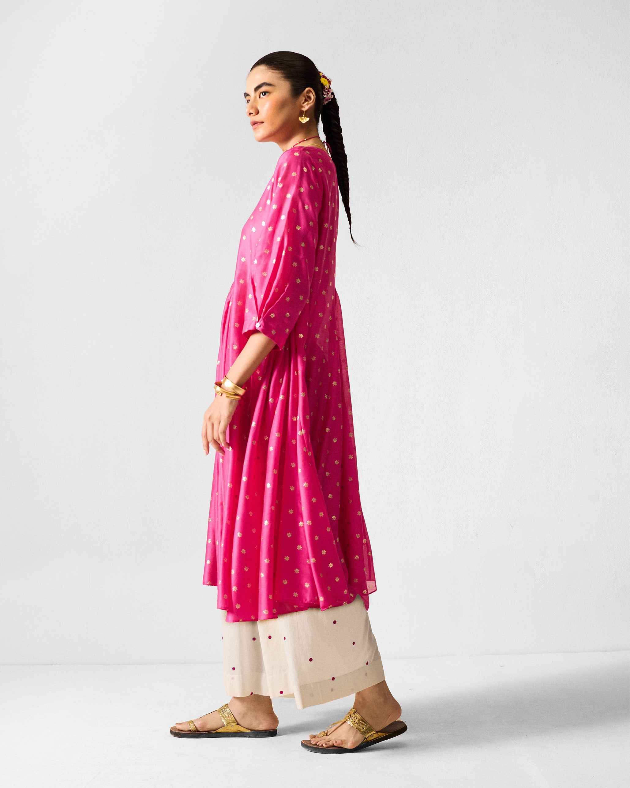 Kannauj Kurta - Fuchsia & Gold Printed