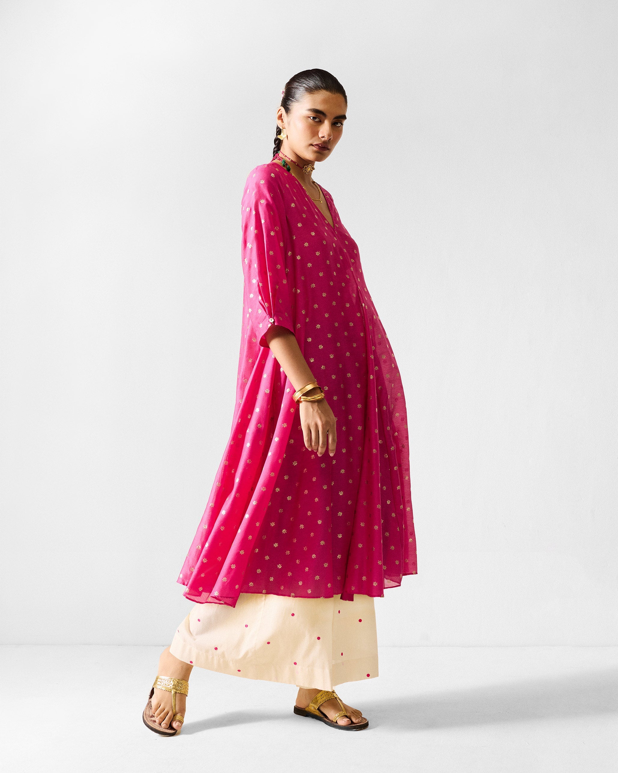 Kannauj Kurta - Fuchsia & Gold Printed