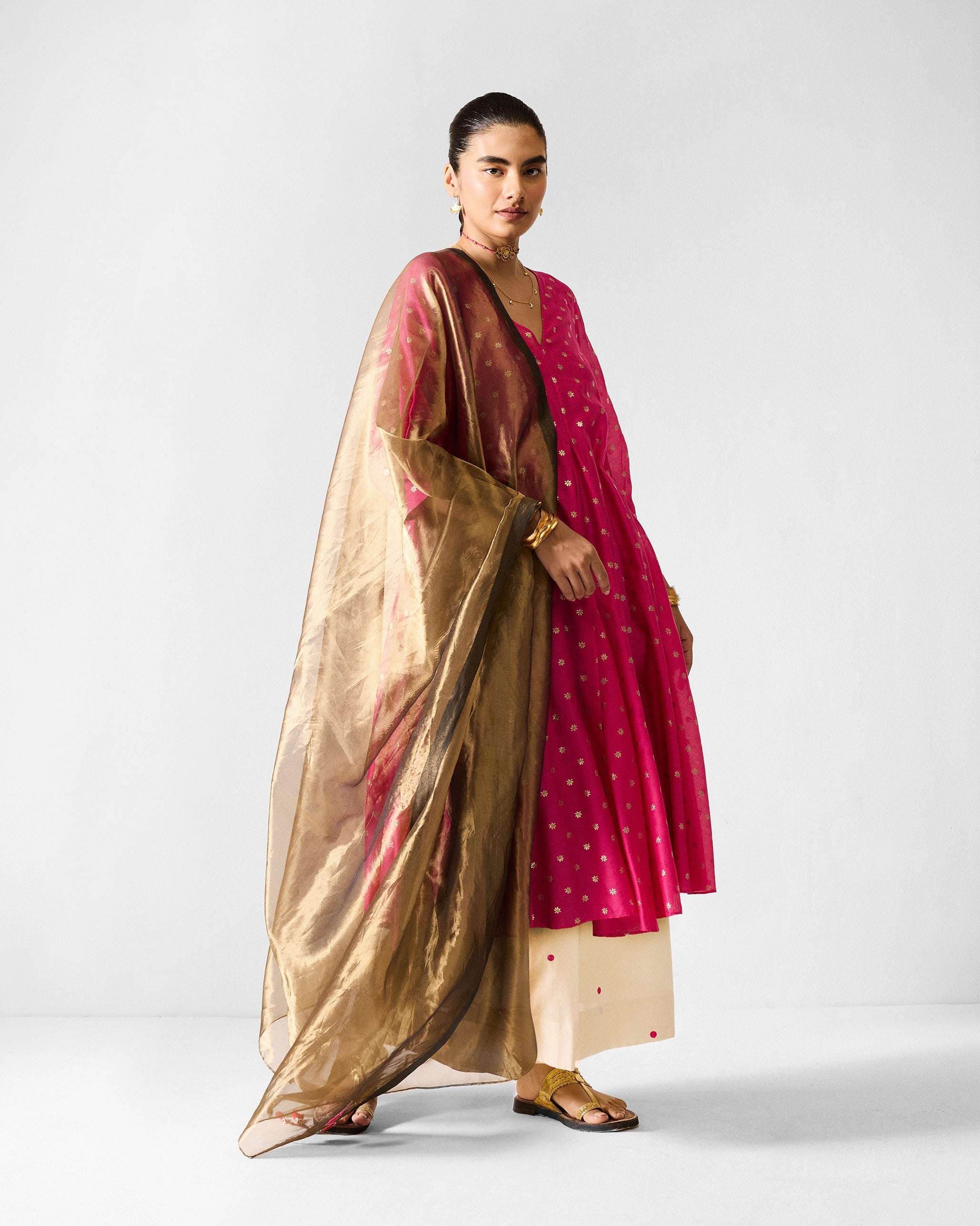 Kannauj Kurta - Fuchsia & Gold Printed
