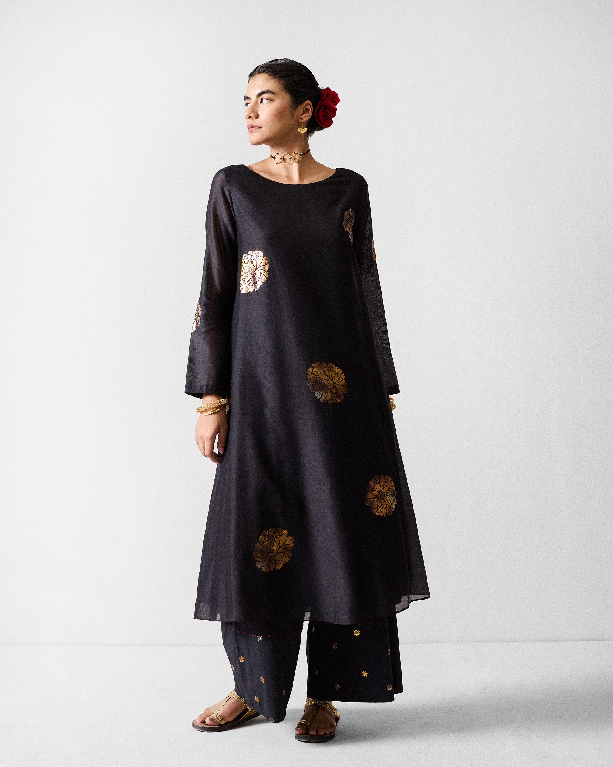 Boat Neck Kurta - Black & Gold Printed