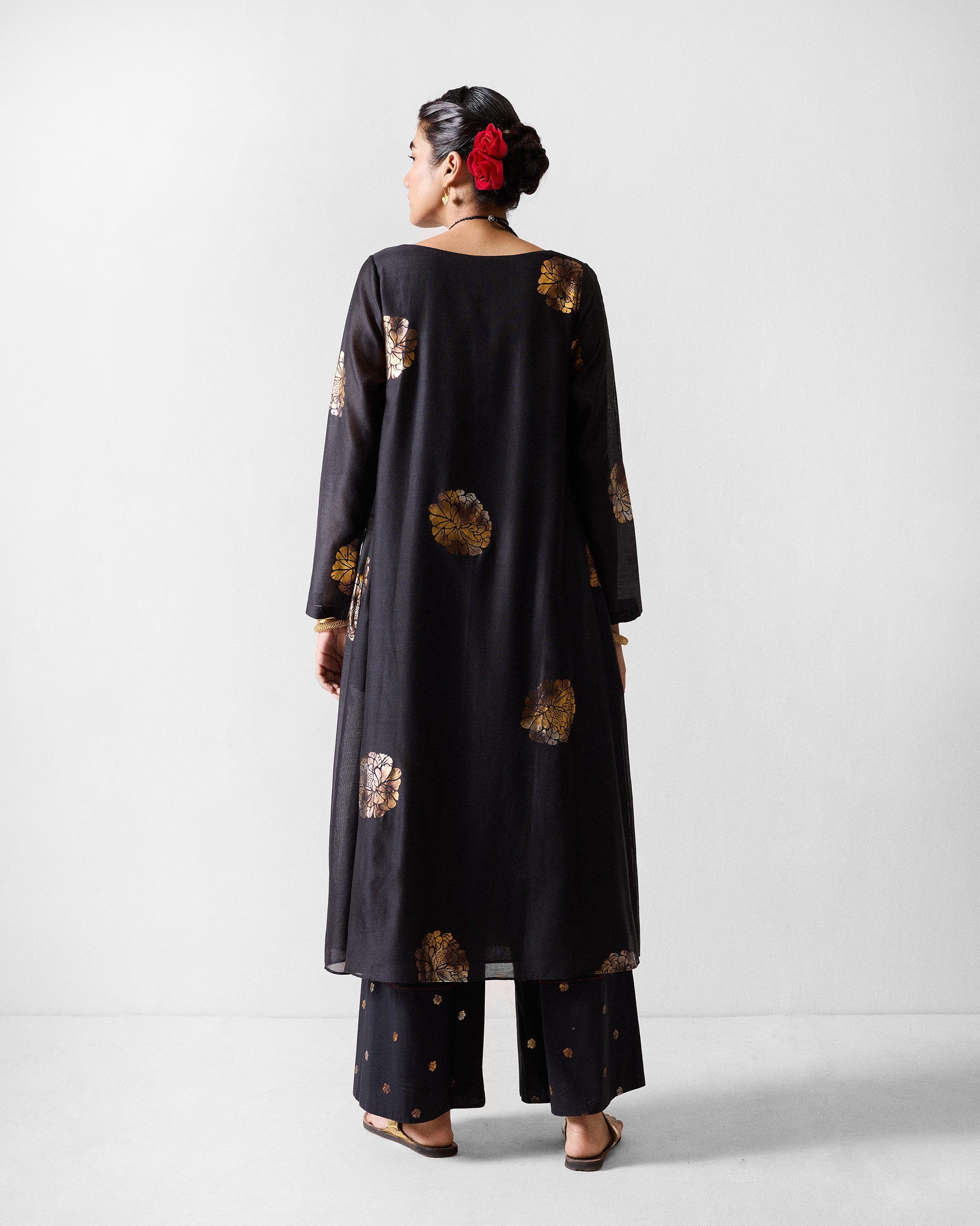 Boat Neck Kurta - Black & Gold Printed