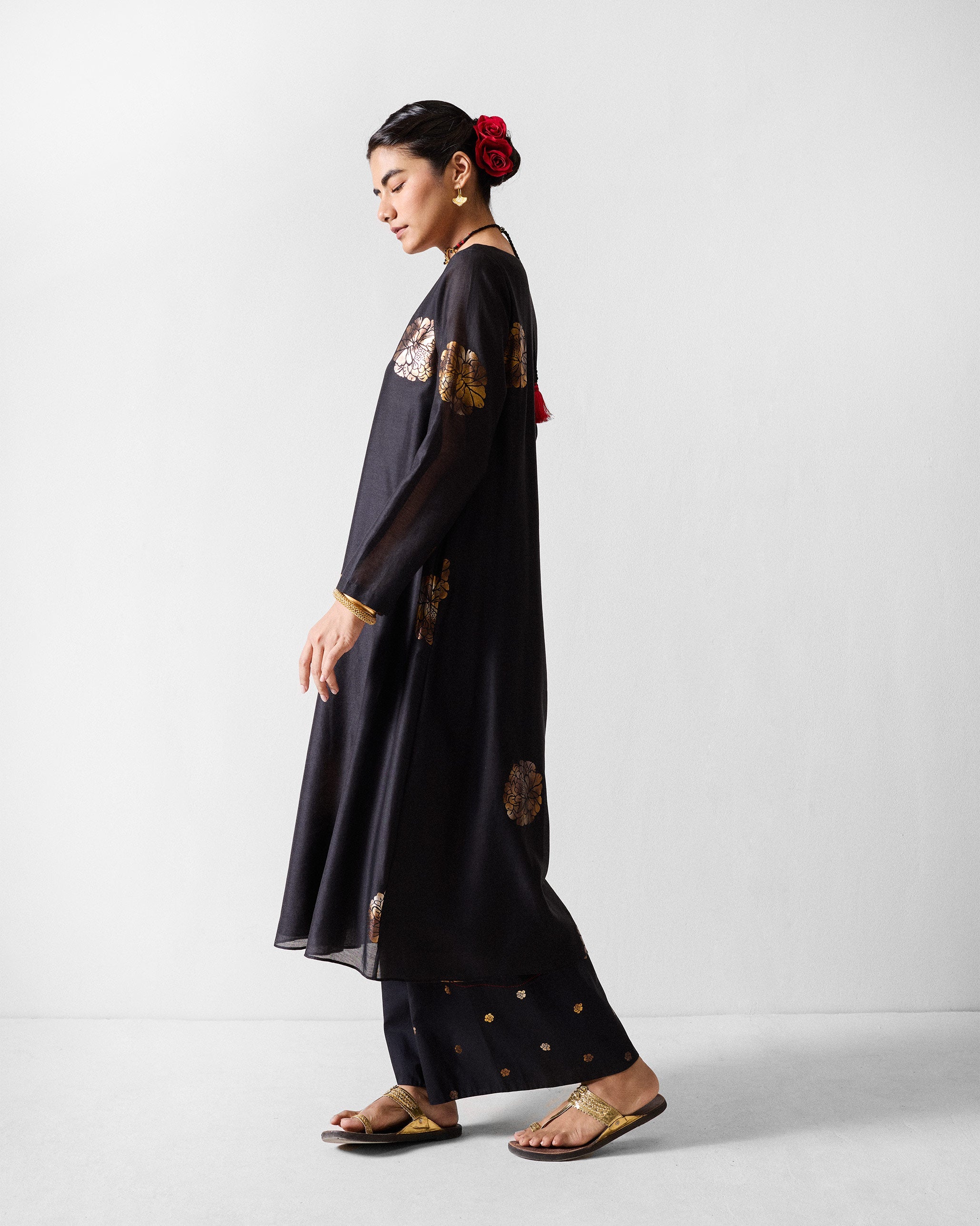 Boat Neck Kurta - Black & Gold Printed