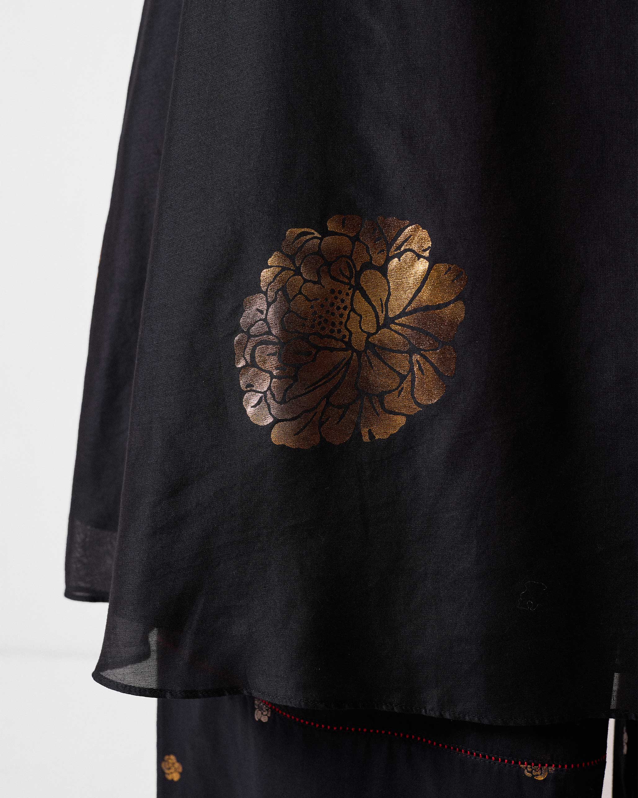 Boat Neck Kurta - Black & Gold Printed