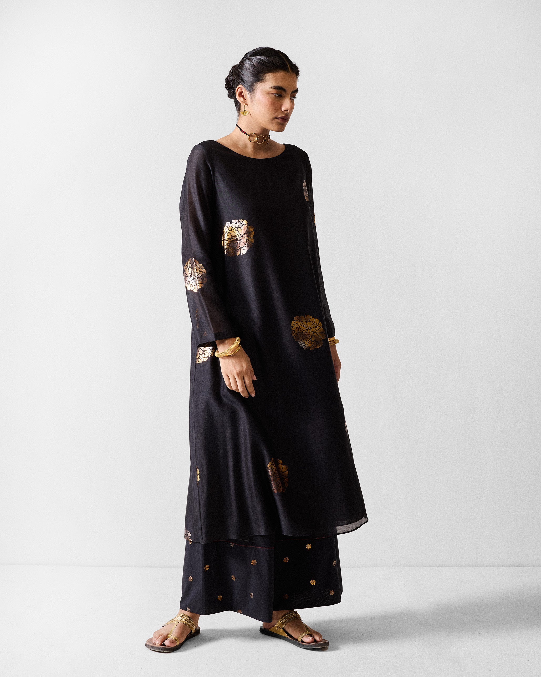 Boat Neck Kurta - Black & Gold Printed
