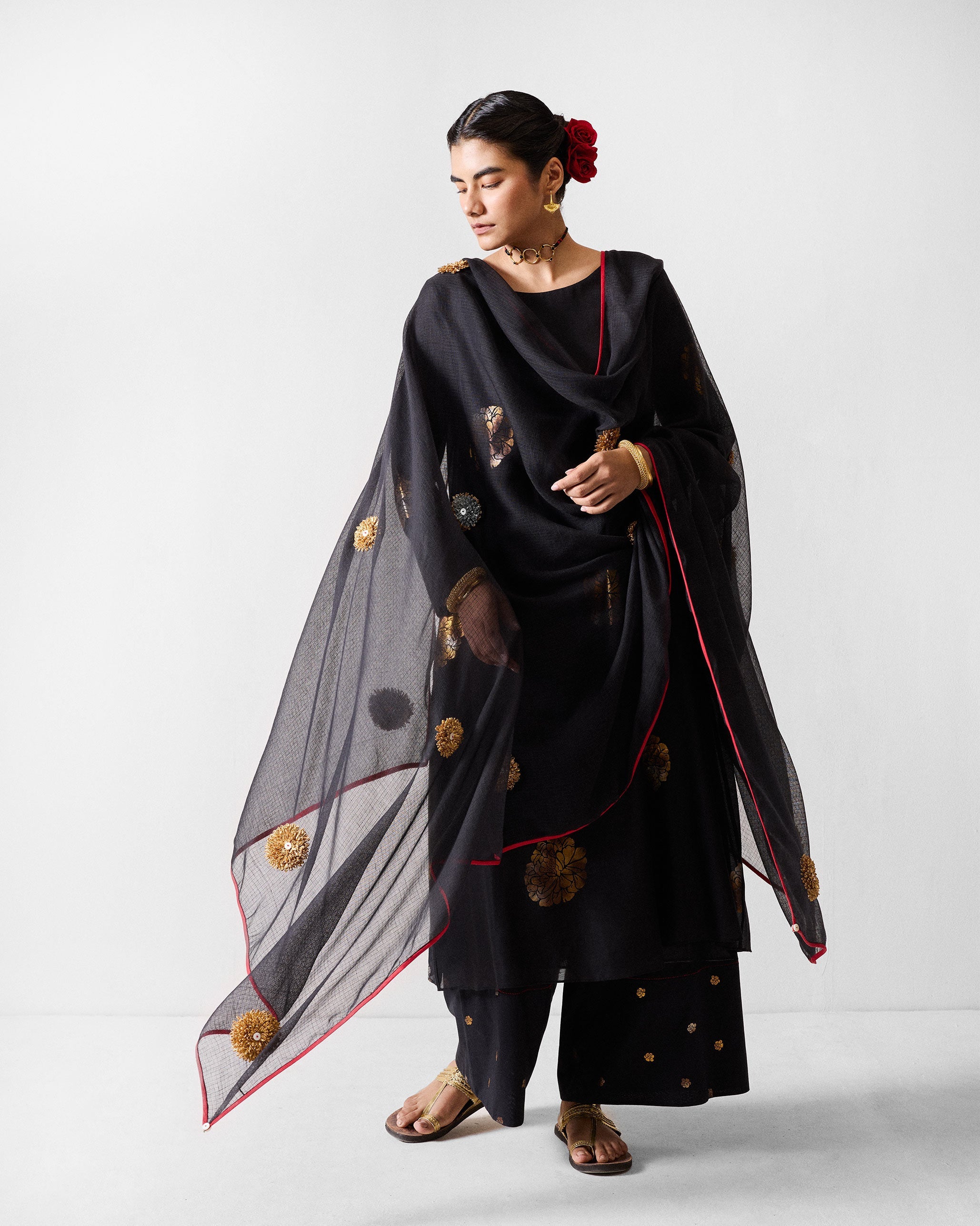 Boat Neck Kurta - Black & Gold Printed