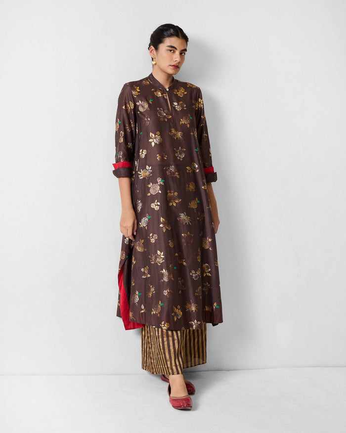 Kovai Kurta - Chocolate Brown & Gold Printed