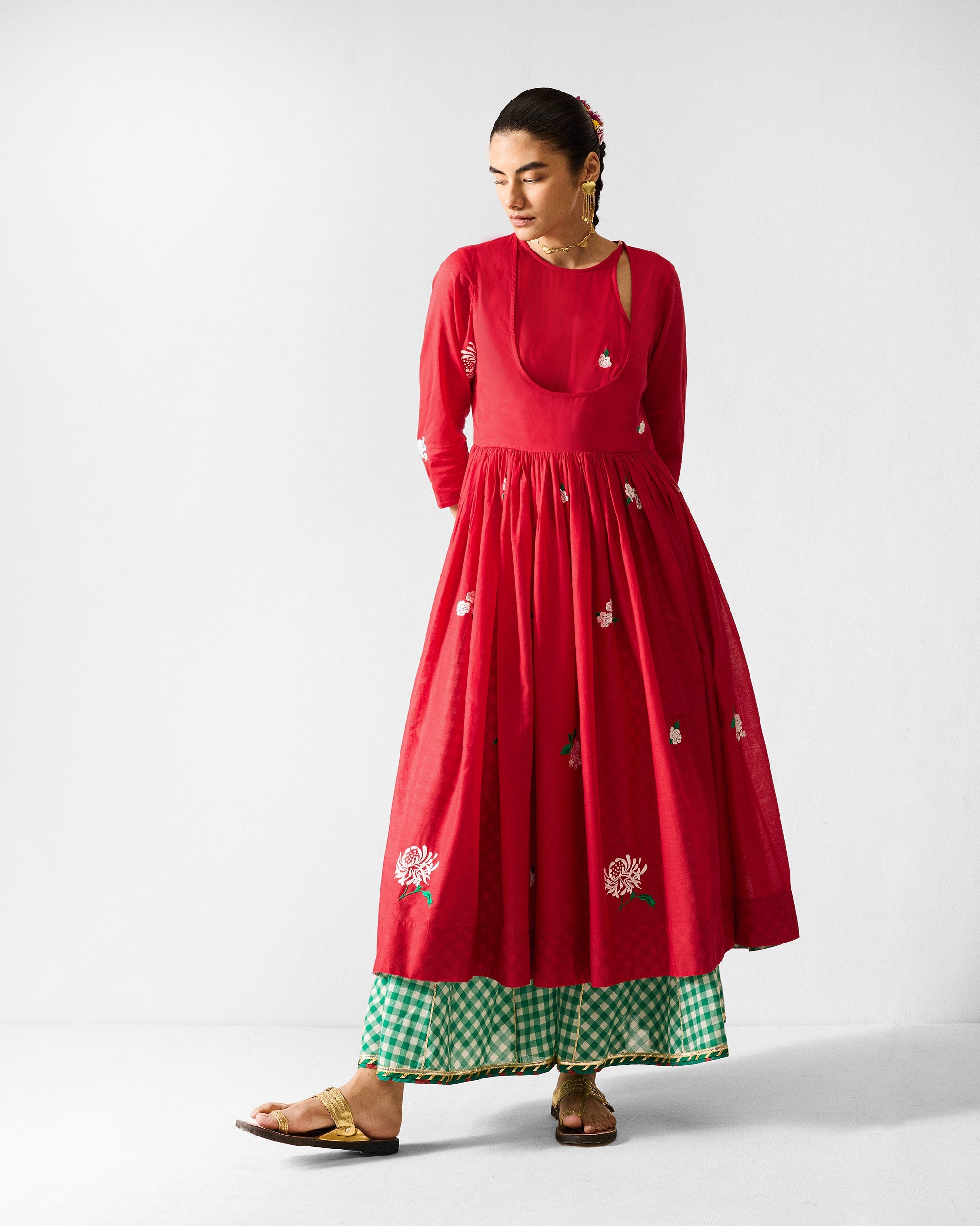 Fit & Flare Angrakha - Red & Ivory Embroidered