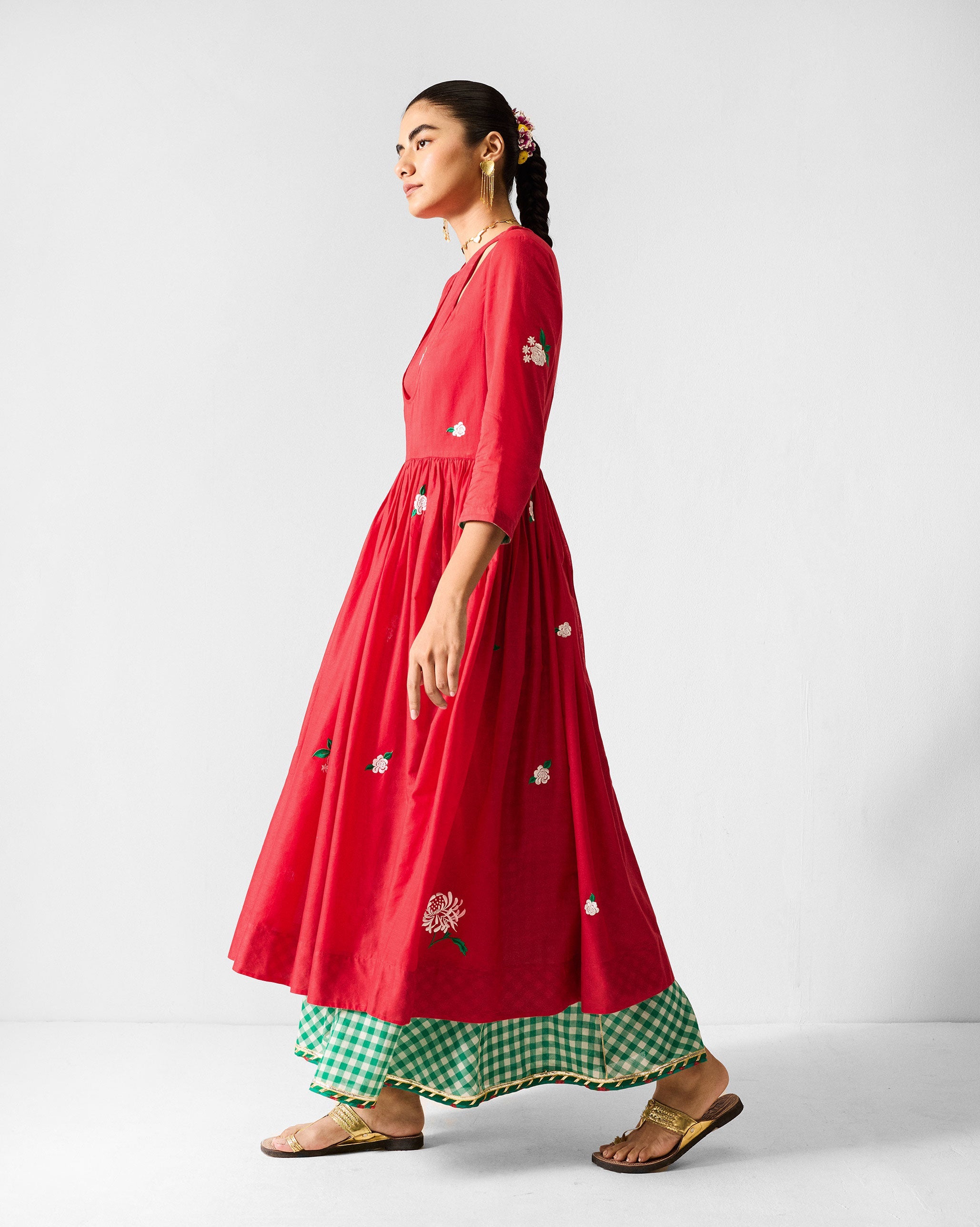 Fit & Flare Angrakha - Red & Ivory Embroidered