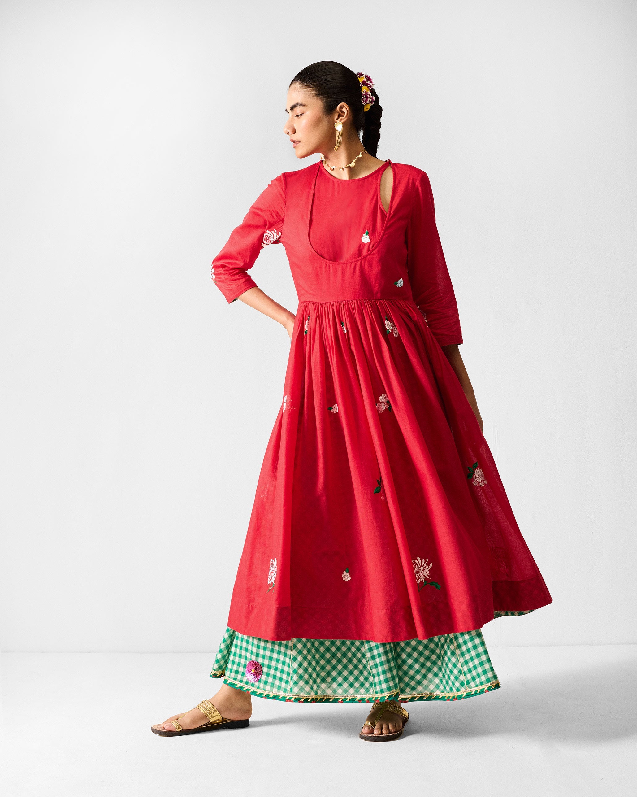 Fit & Flare Angrakha - Red & Ivory Embroidered
