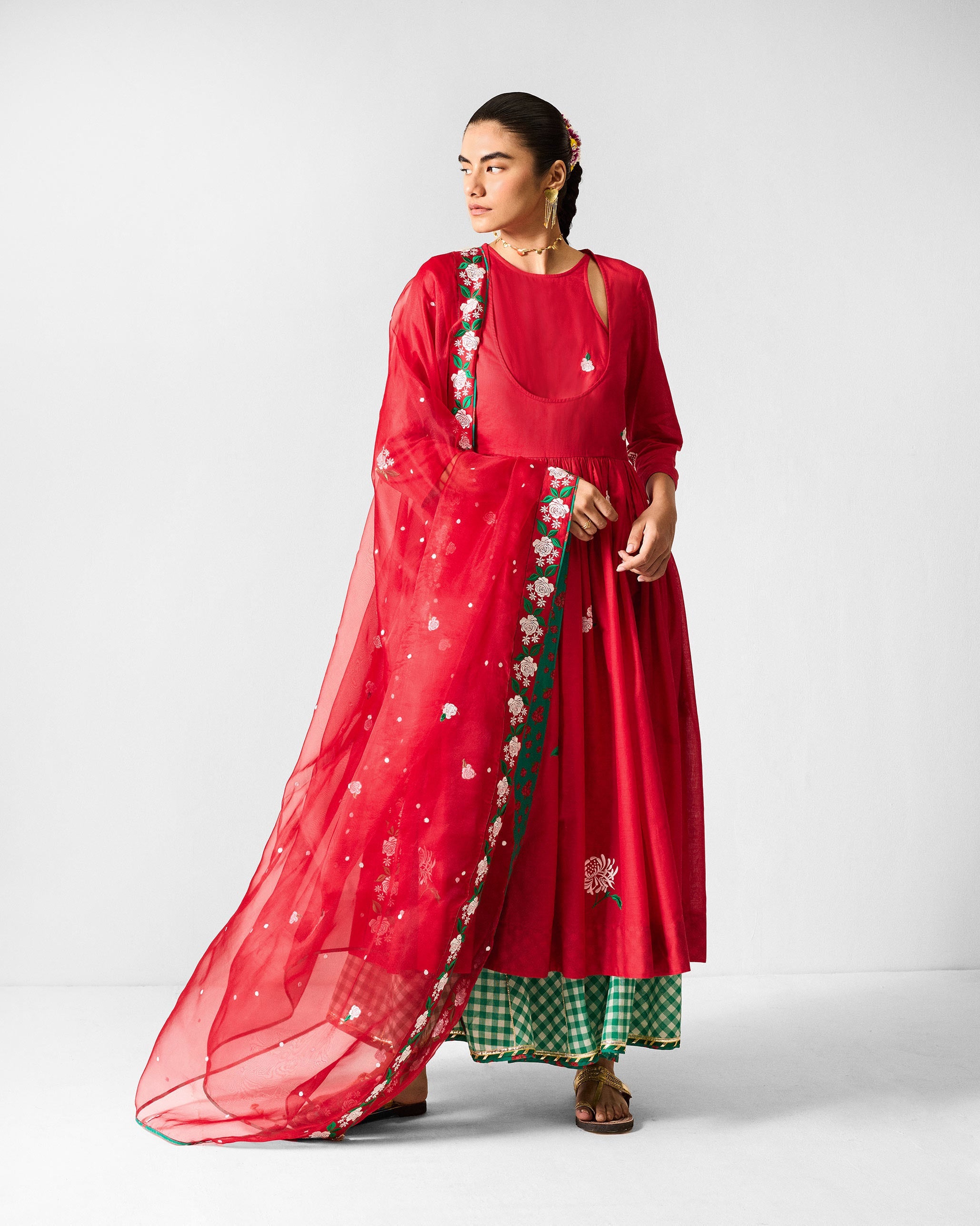 Fit & Flare Angrakha - Red & Ivory Embroidered