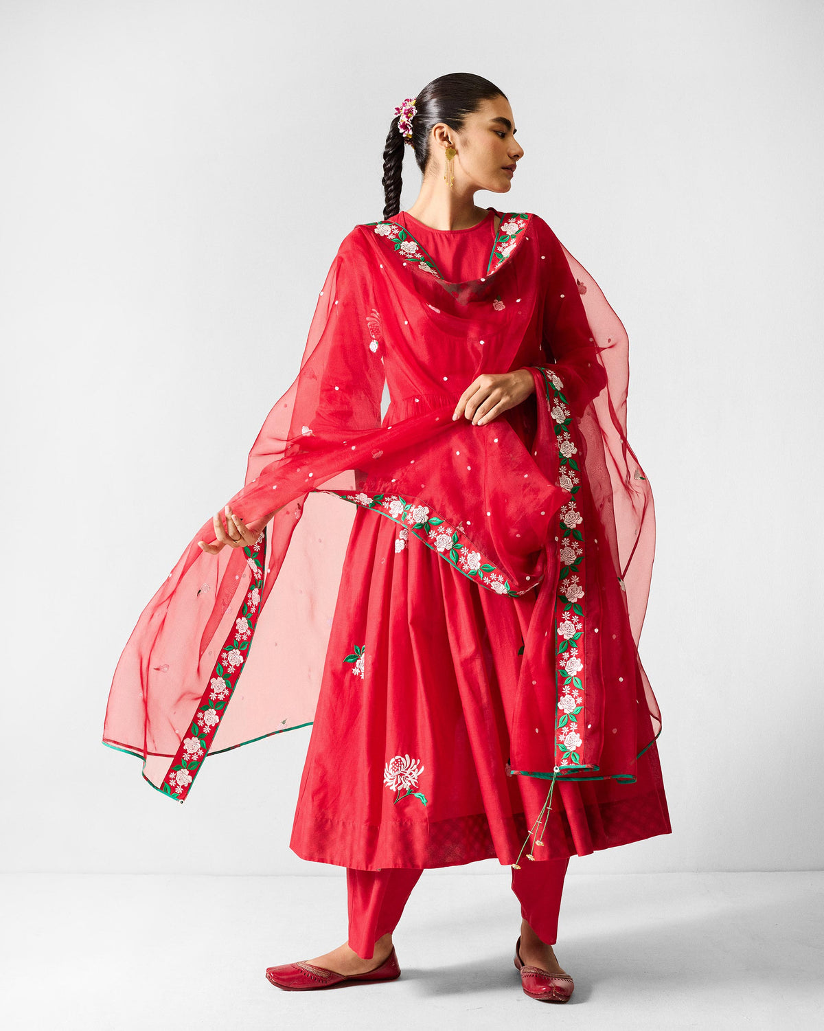 Fit & Flare Angrakha - Red & Ivory Embroidered