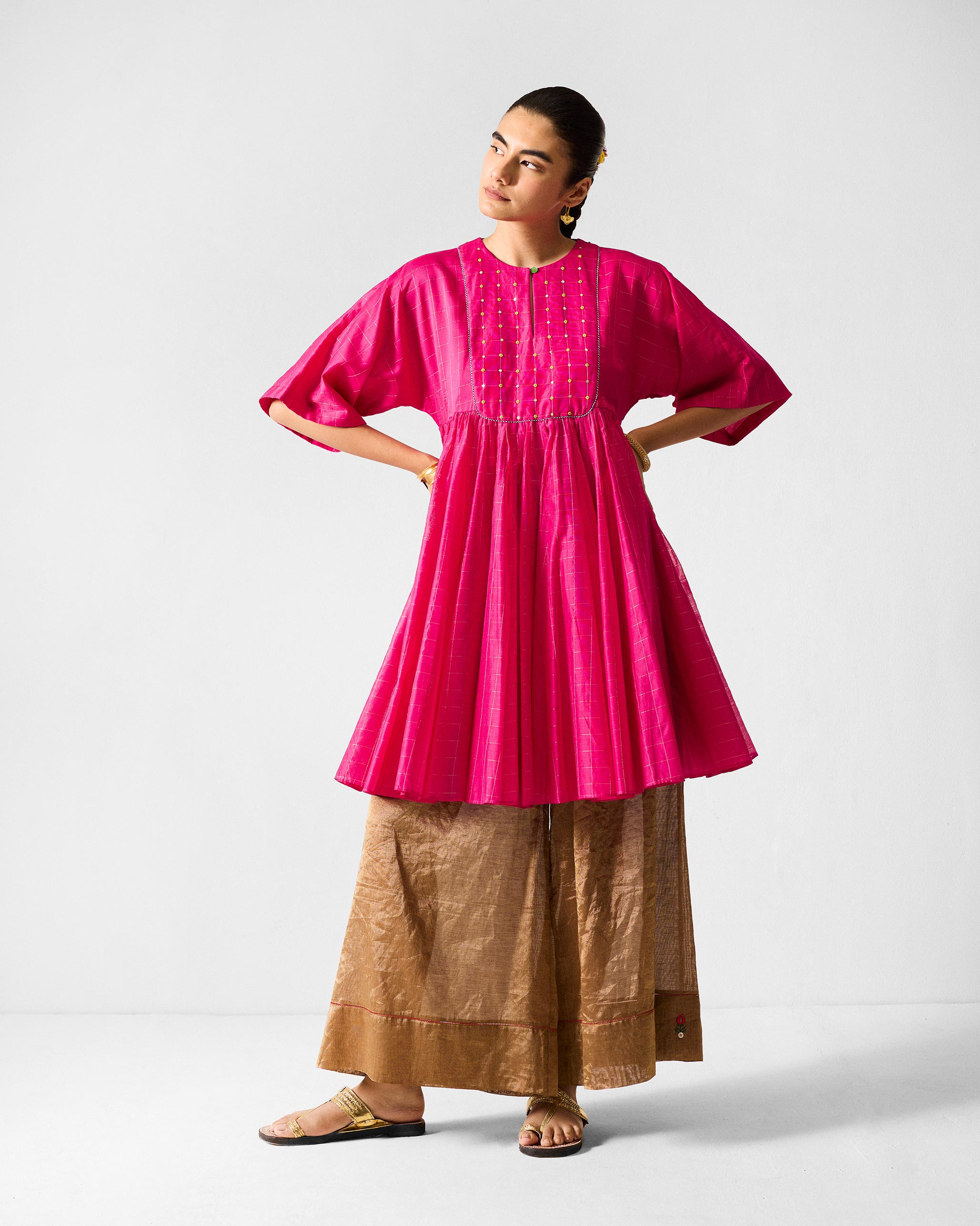 Luna Afghan Kurta - Fuchsia & Gold Embroidered