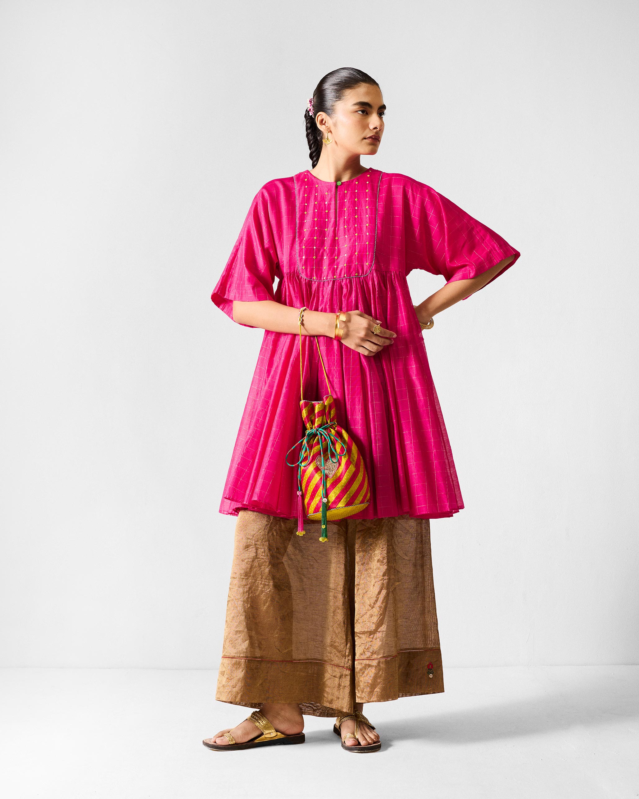 Luna Afghan Kurta - Fuchsia & Gold Embroidered